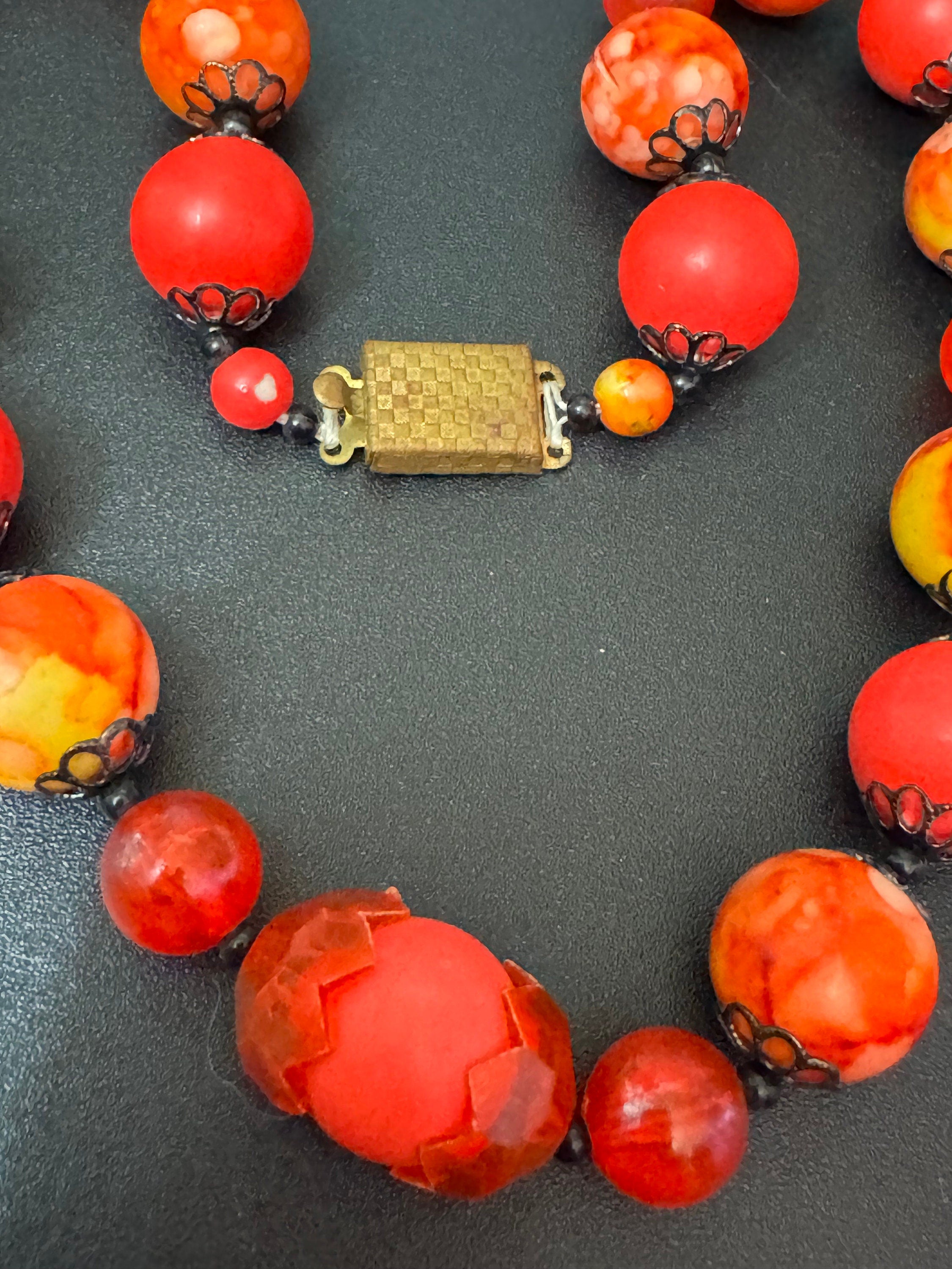 Czech Mid century pink red orange filigree plastic beaded multi strand choker necklace