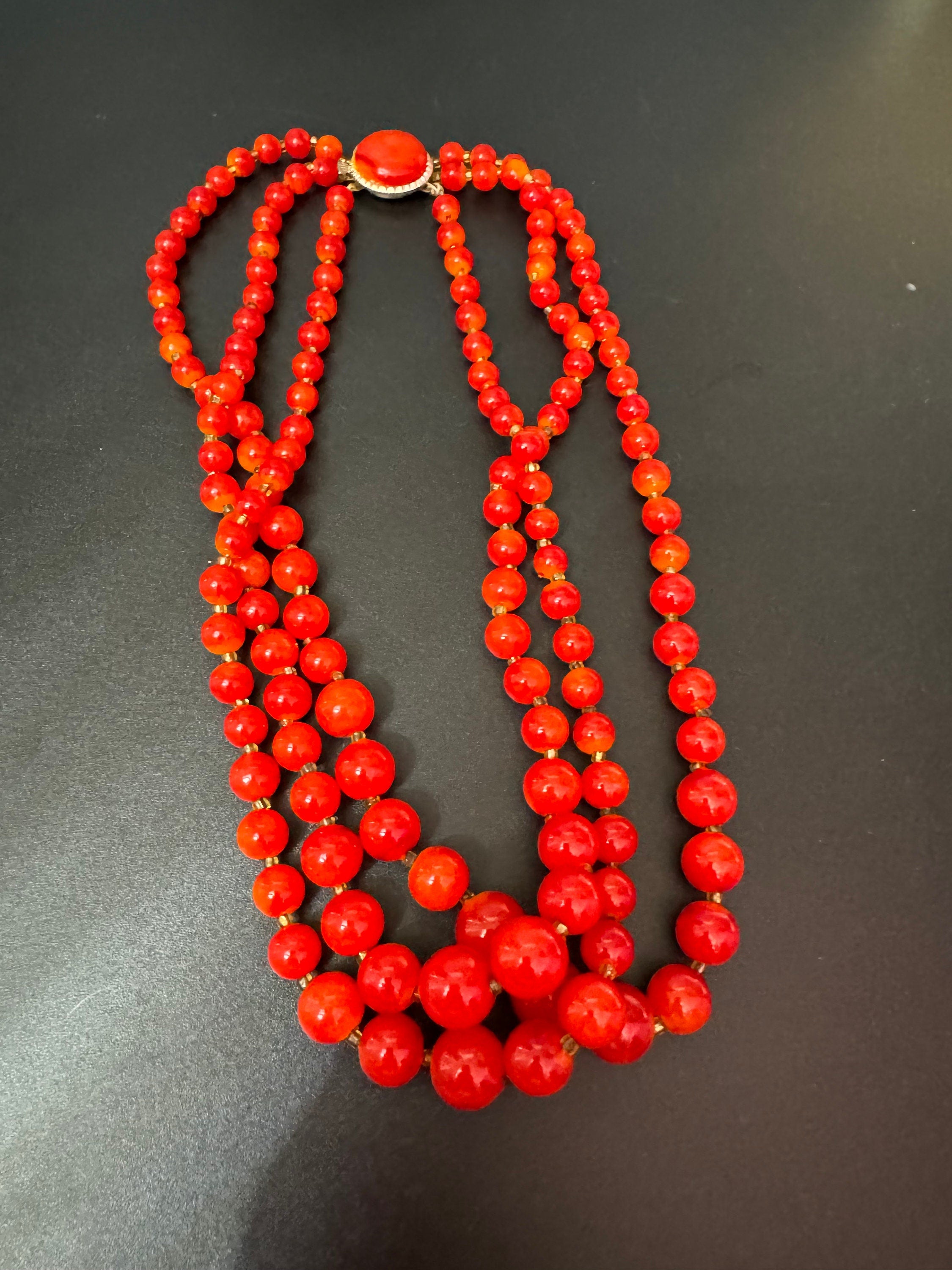 Mid century tomato red signed Hong Kong faux pearl chunky plastic beaded multi strand choker necklace