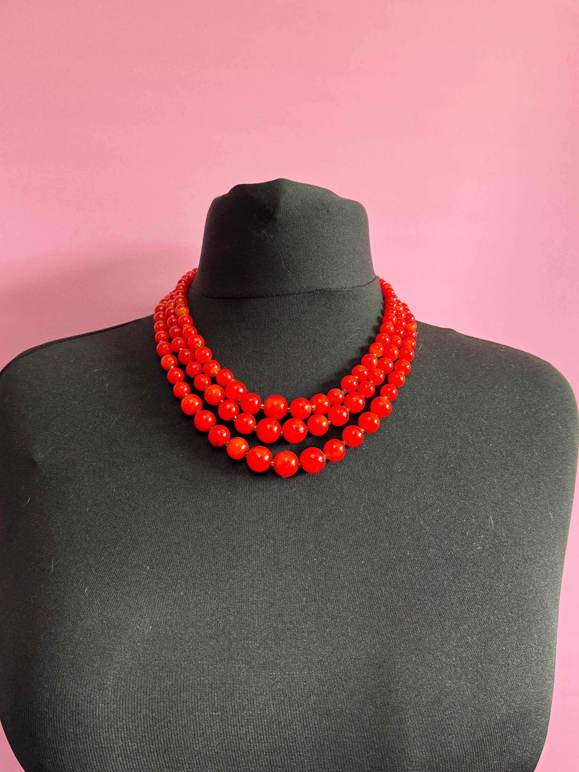 Mid century tomato red signed Hong Kong faux pearl chunky plastic beaded multi strand choker necklace