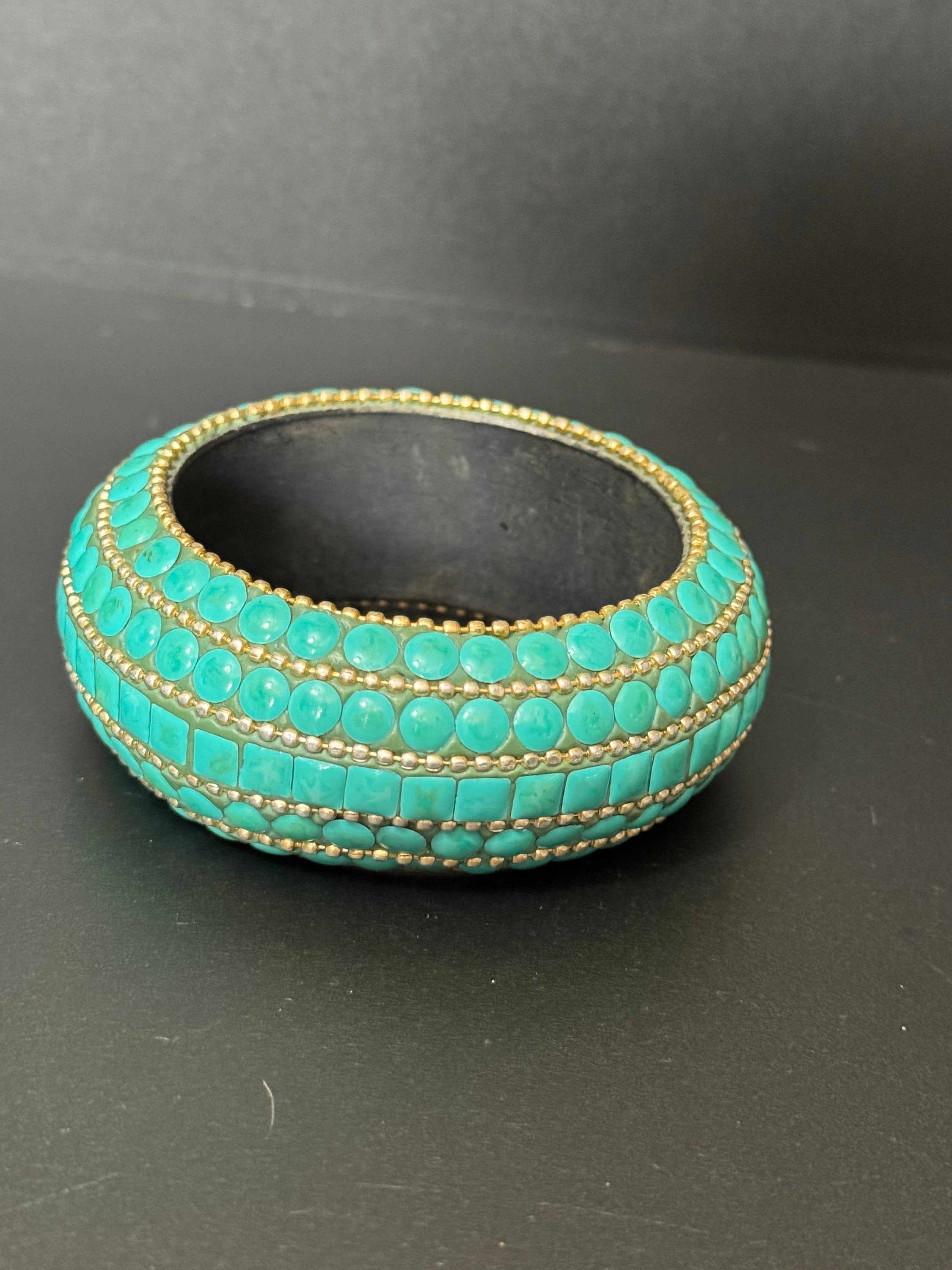 Vintage retro plain turquoise blue and silver metal acrylic plastic bangle bracelet 18mm