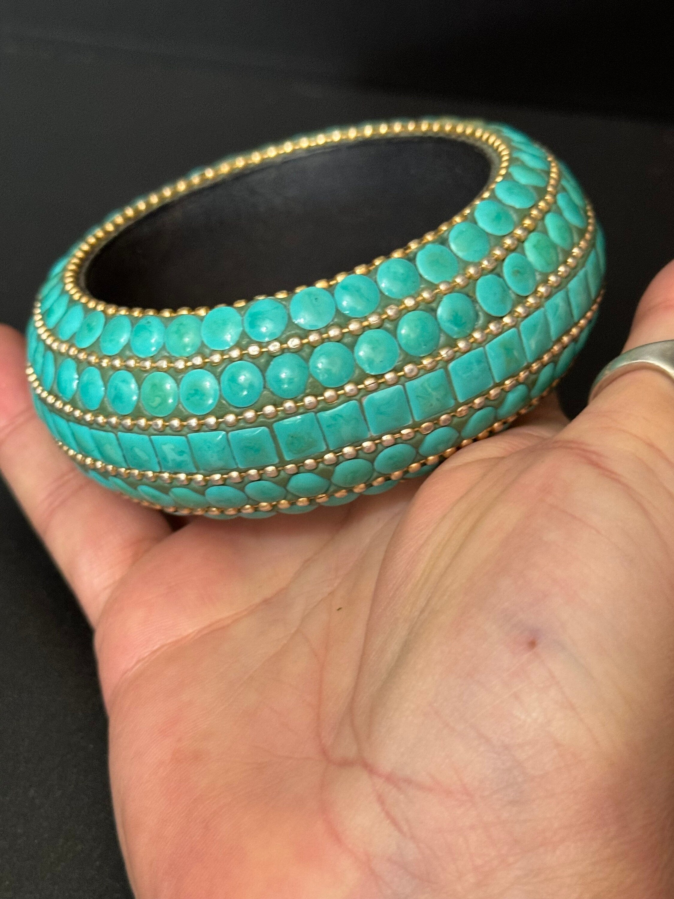 Vintage retro plain turquoise blue and silver metal acrylic plastic bangle bracelet 18mm