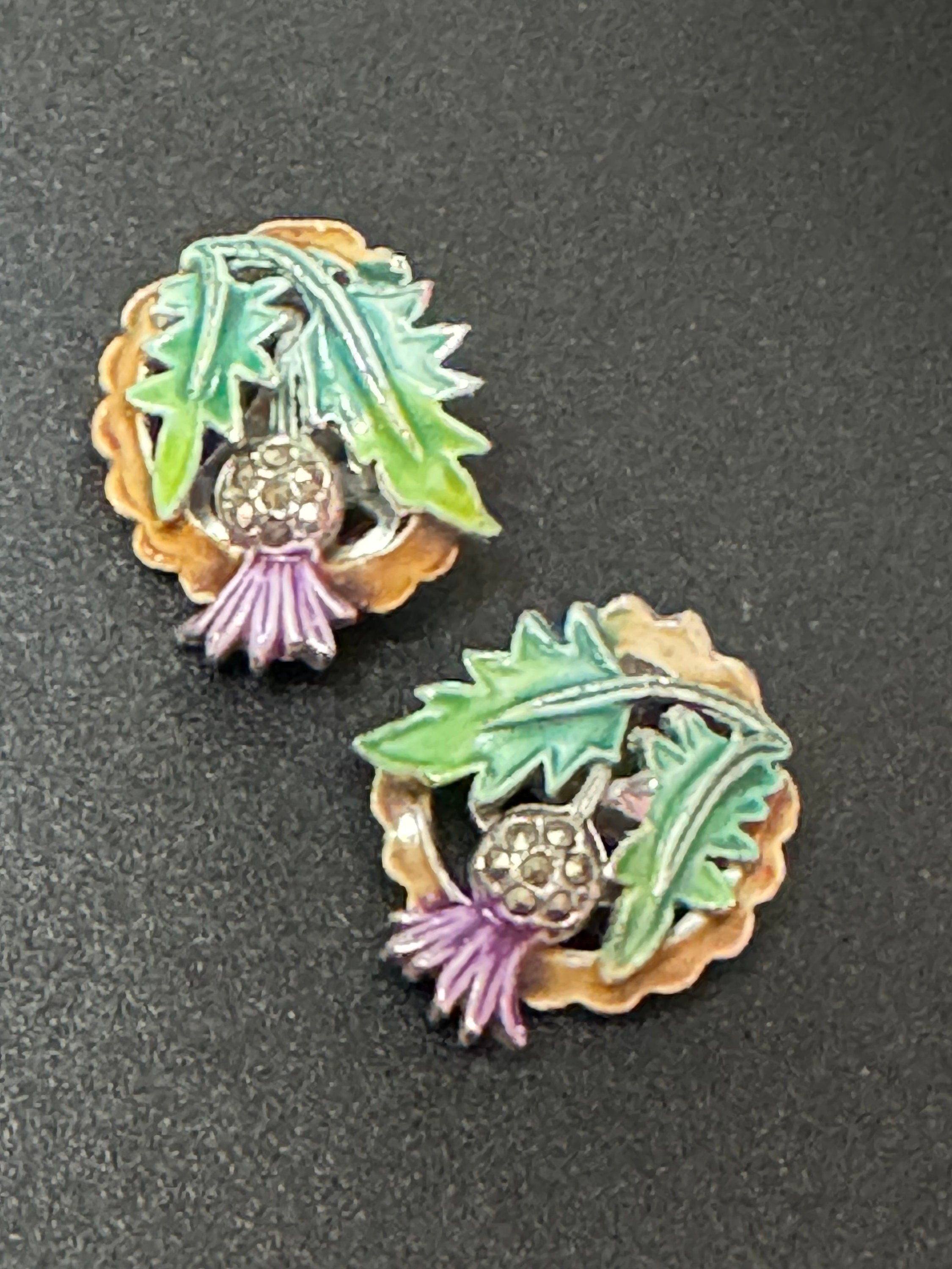 Vintage Marcasite silver tone SCOTTISH THISTLE floral Clip On Stud Earrings