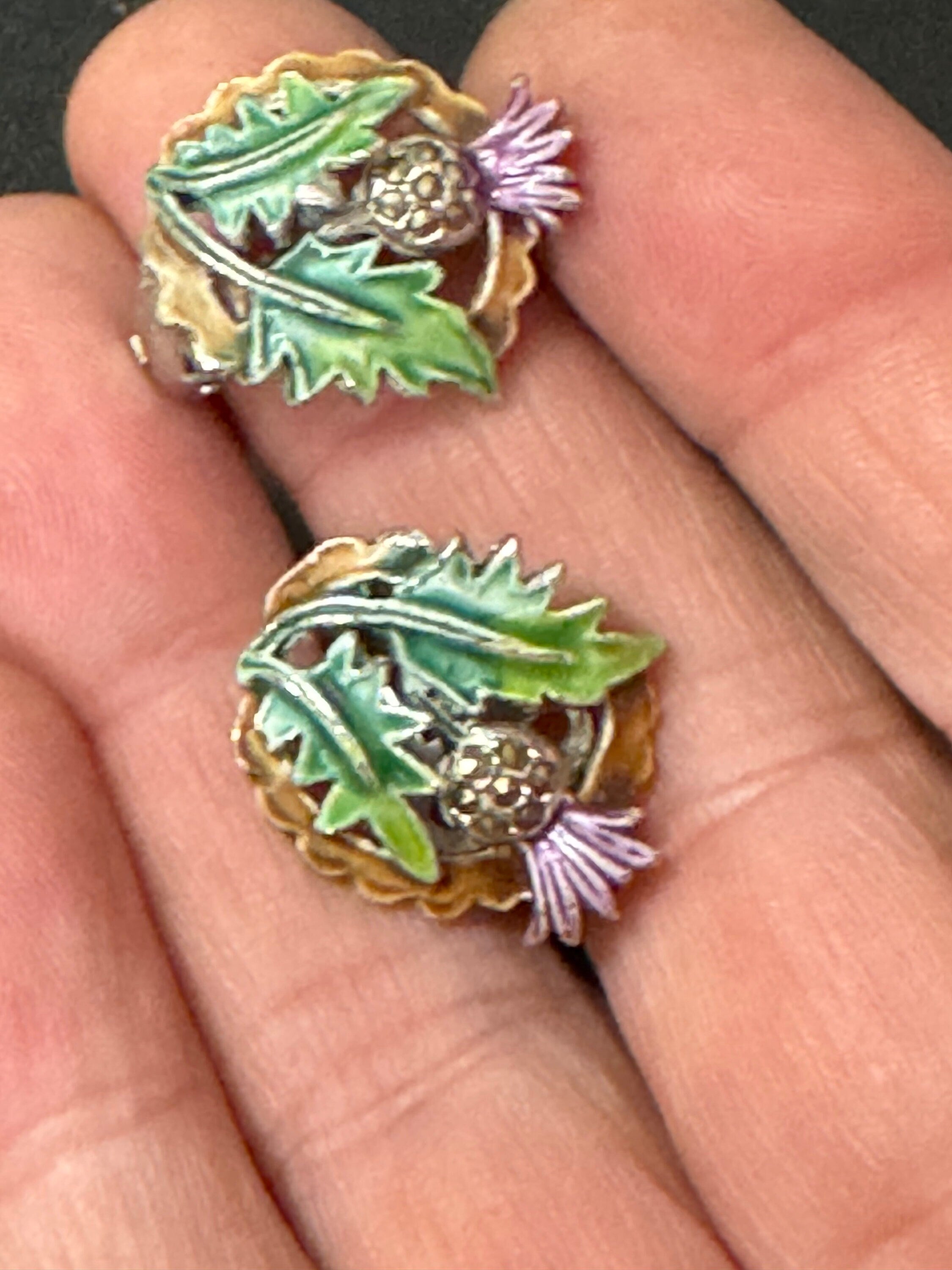 Vintage Marcasite silver tone SCOTTISH THISTLE floral Clip On Stud Earrings