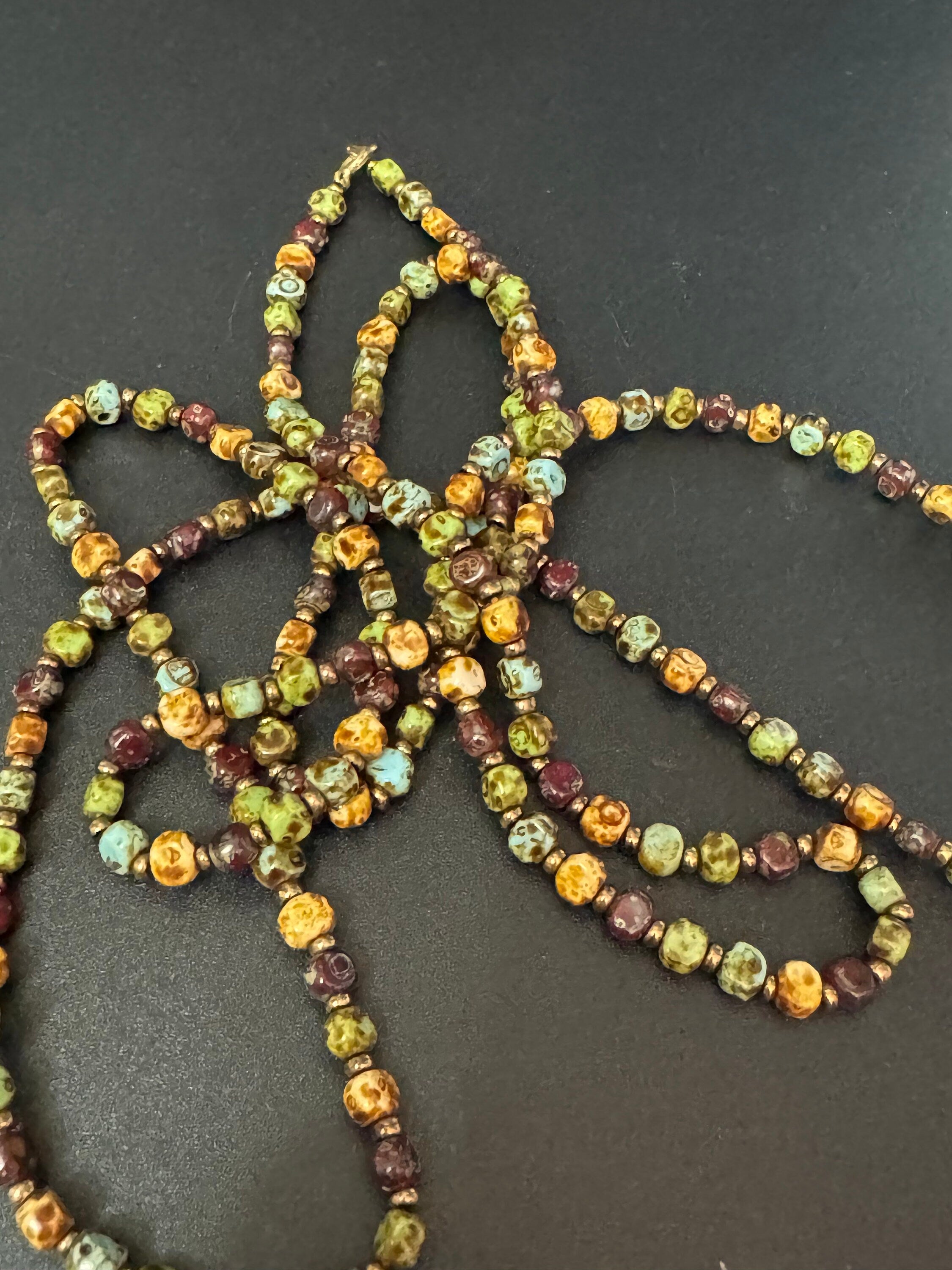 Flapper length 137cm mottled Ceramic faux agate long beaded necklace brown green glass beads