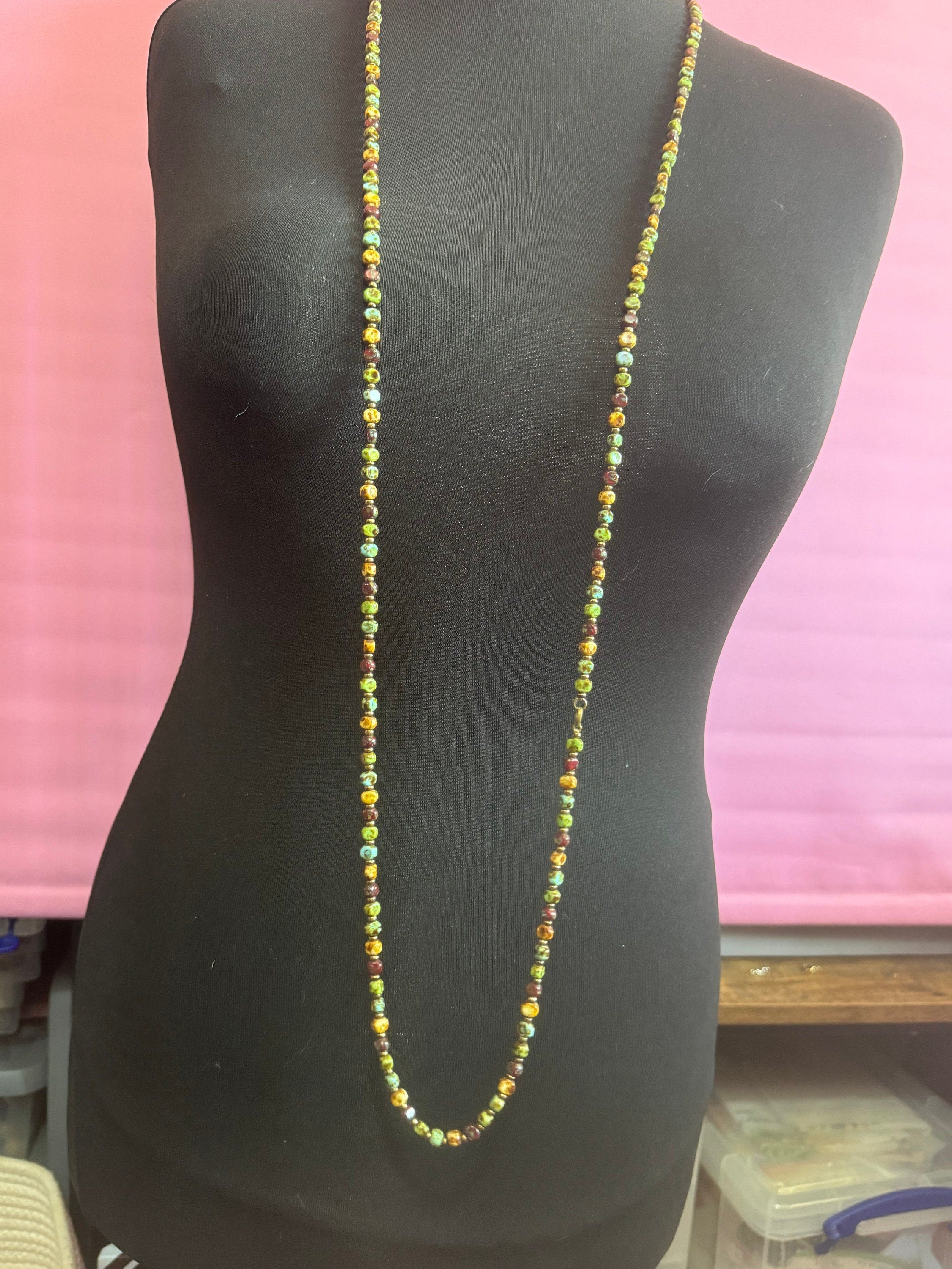 Flapper length 137cm mottled Ceramic faux agate long beaded necklace brown green glass beads