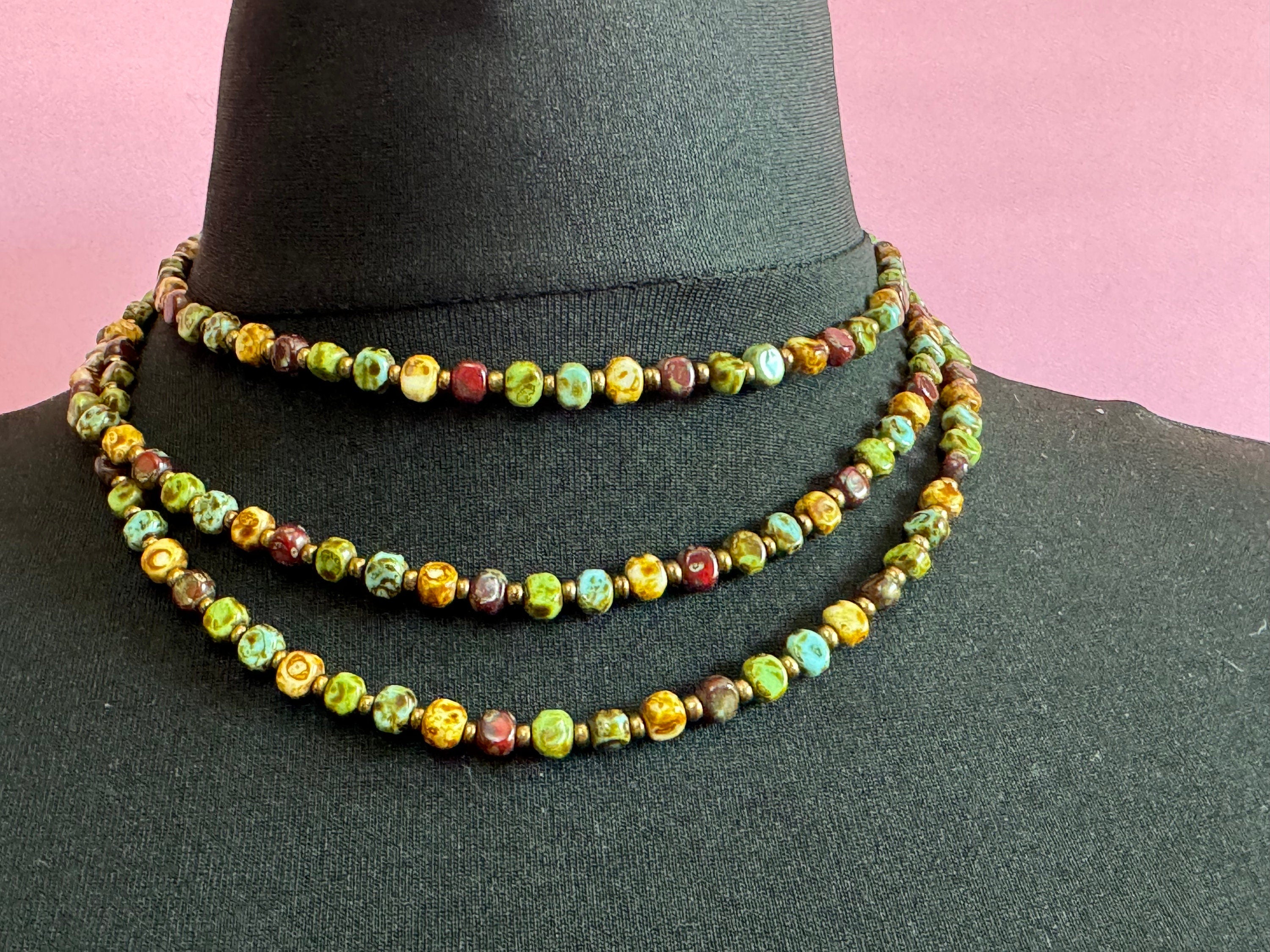 Flapper length 137cm mottled Ceramic faux agate long beaded necklace brown green glass beads