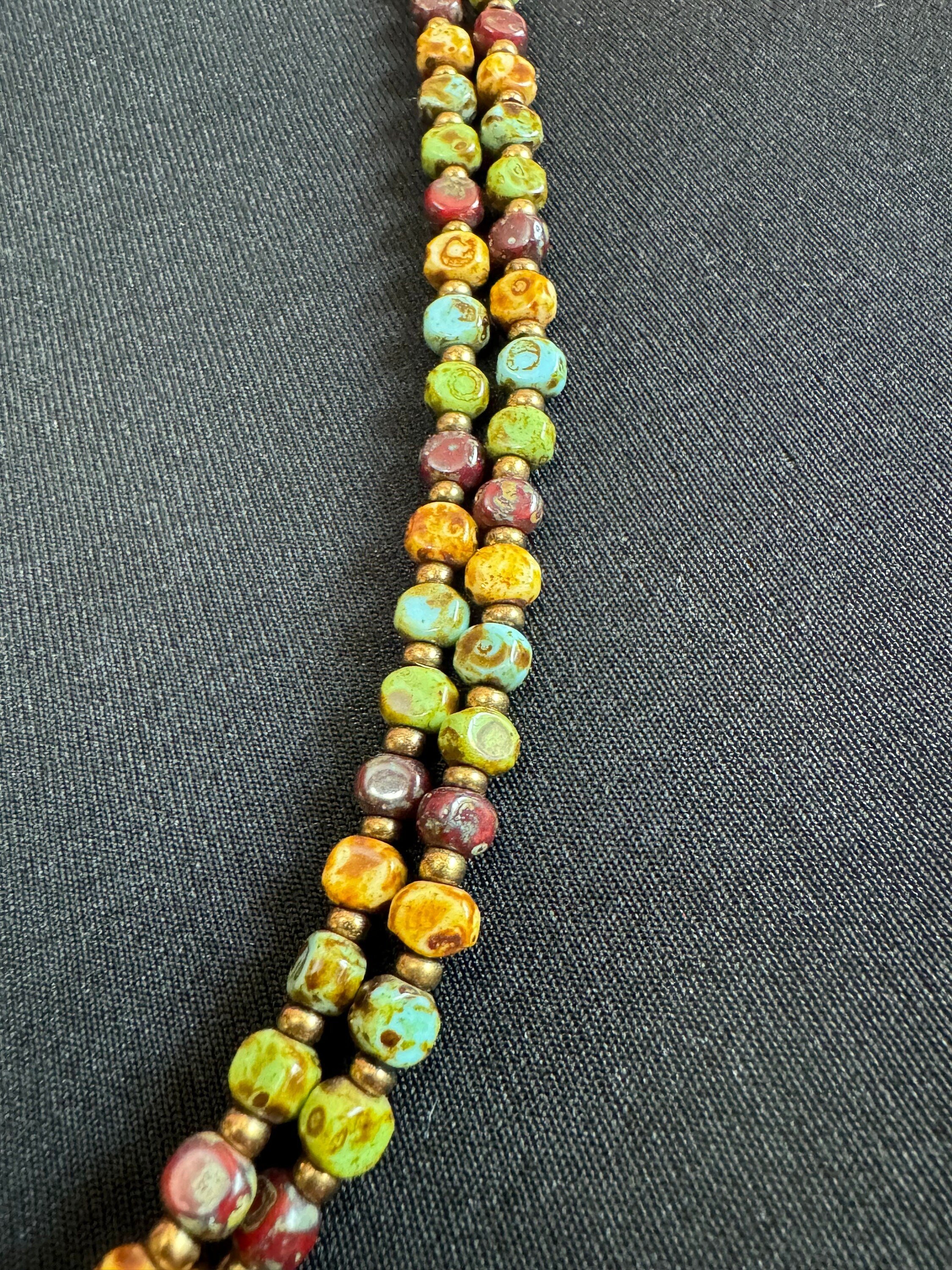 Flapper length 137cm mottled Ceramic faux agate long beaded necklace brown green glass beads