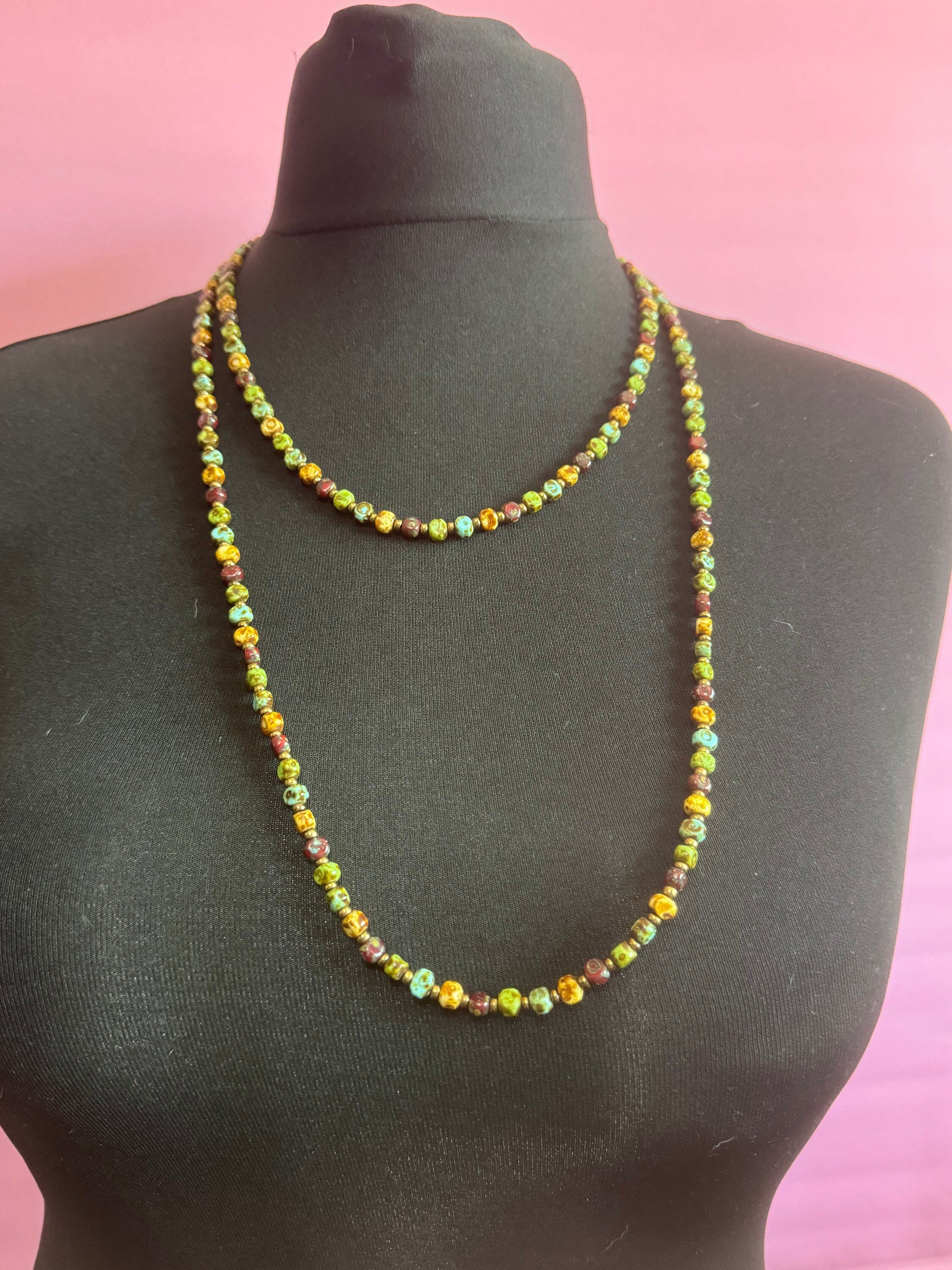 Flapper length 137cm mottled Ceramic faux agate long beaded necklace brown green glass beads