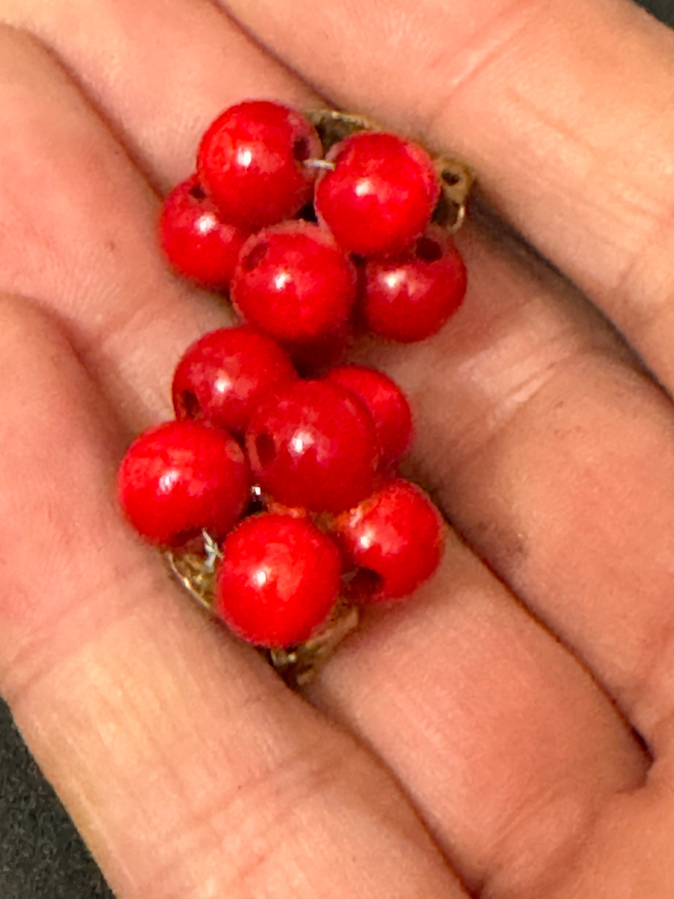 Vintage natural wooden round bright red beaded cluster earrings