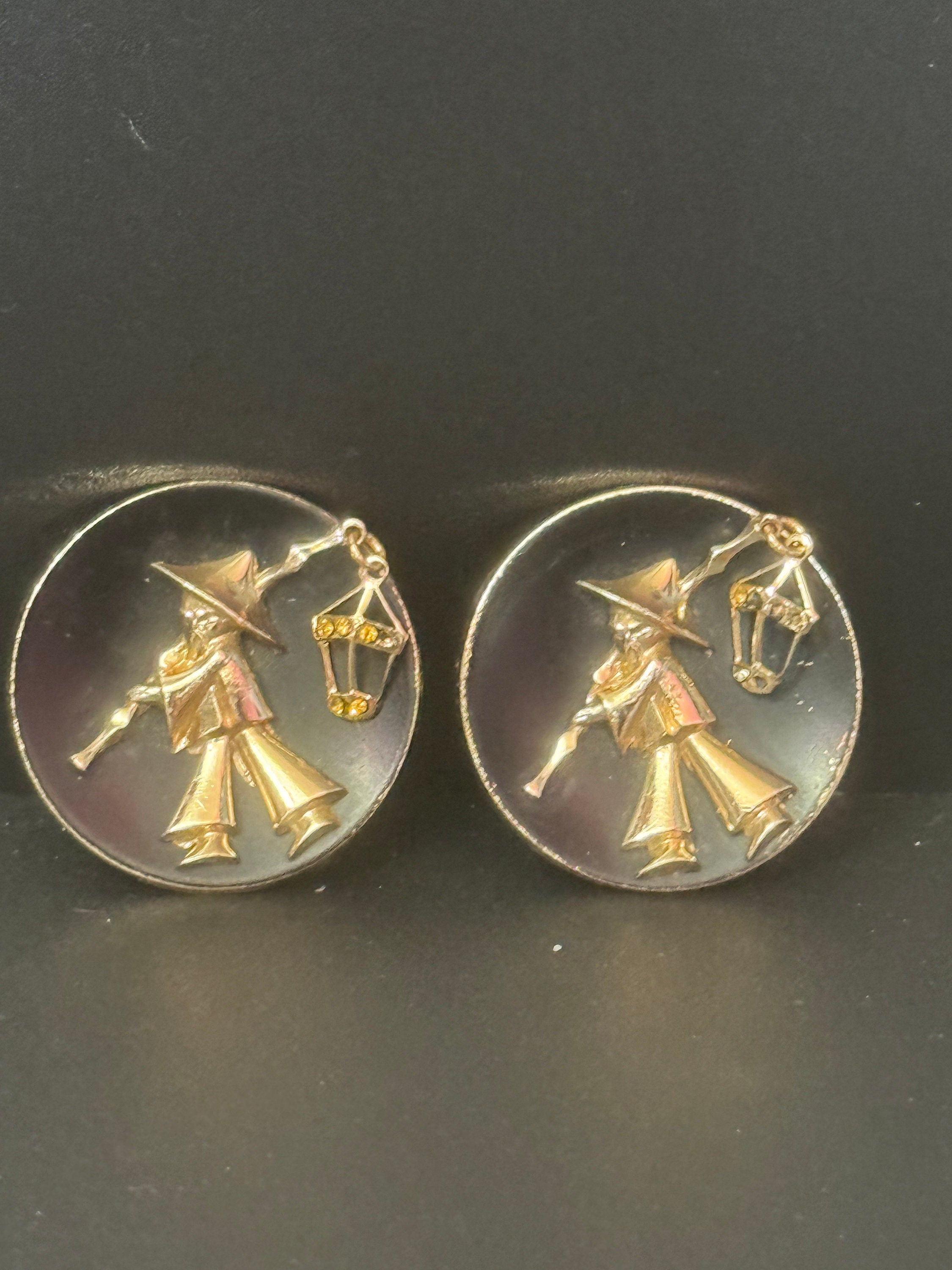 Vintage Chinese Man with Lantern Clip On Earrings: Black & Rose Gold