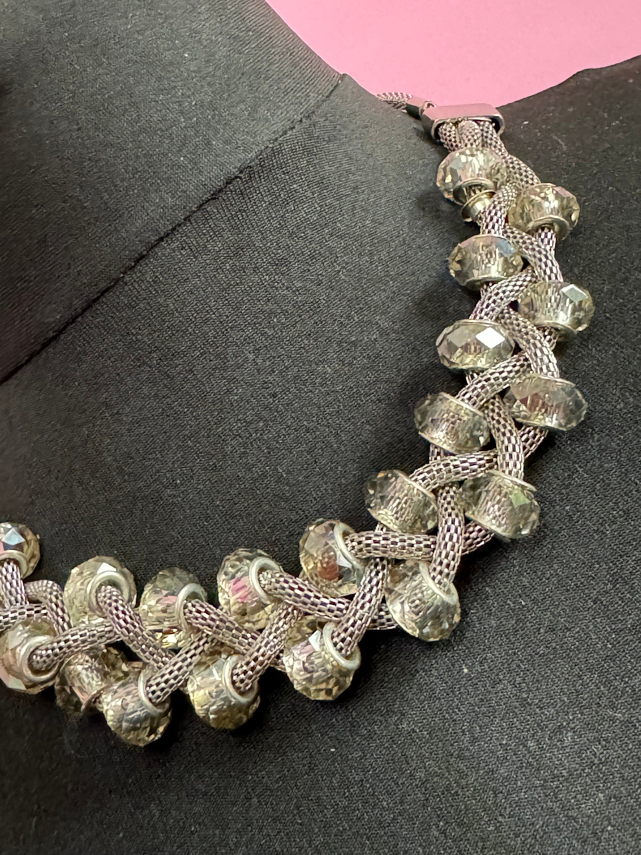 modernist retro dark silver tone mesh chunky clear glass rondelle beaded collar necklace 50-56cm
