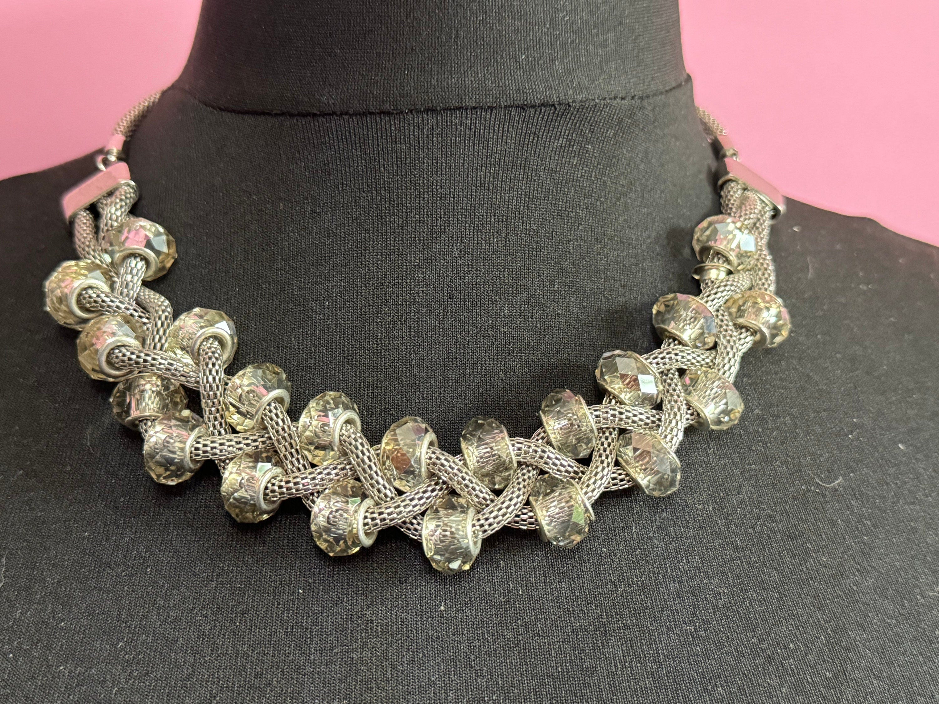 modernist retro dark silver tone mesh chunky clear glass rondelle beaded collar necklace 50-56cm