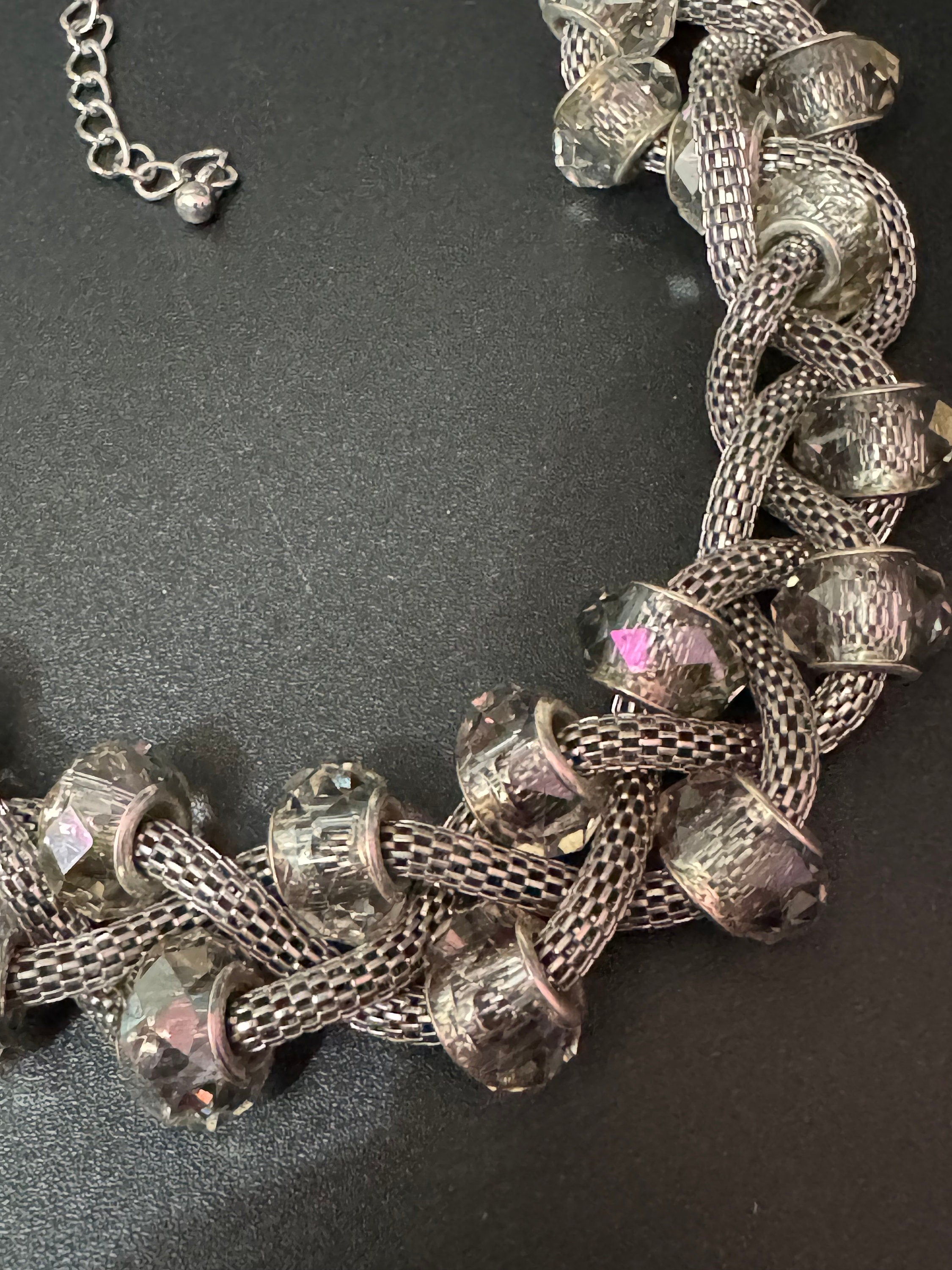 modernist retro dark silver tone mesh chunky clear glass rondelle beaded collar necklace 50-56cm