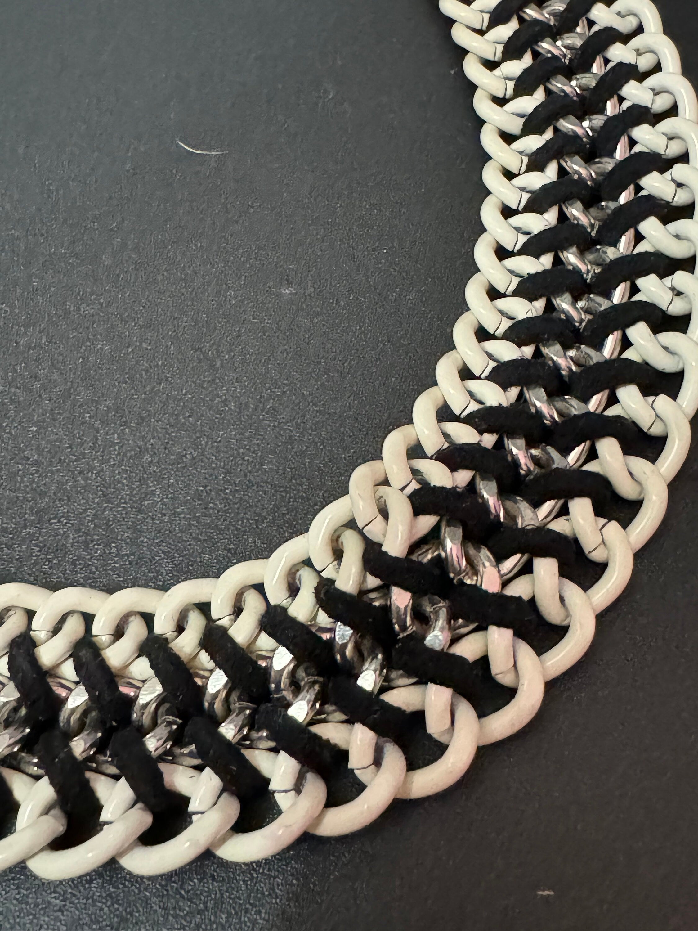 Retro cream and black enamel silver tone chainmail wide brutalist Egyptian choker necklace heavy 47-55cm