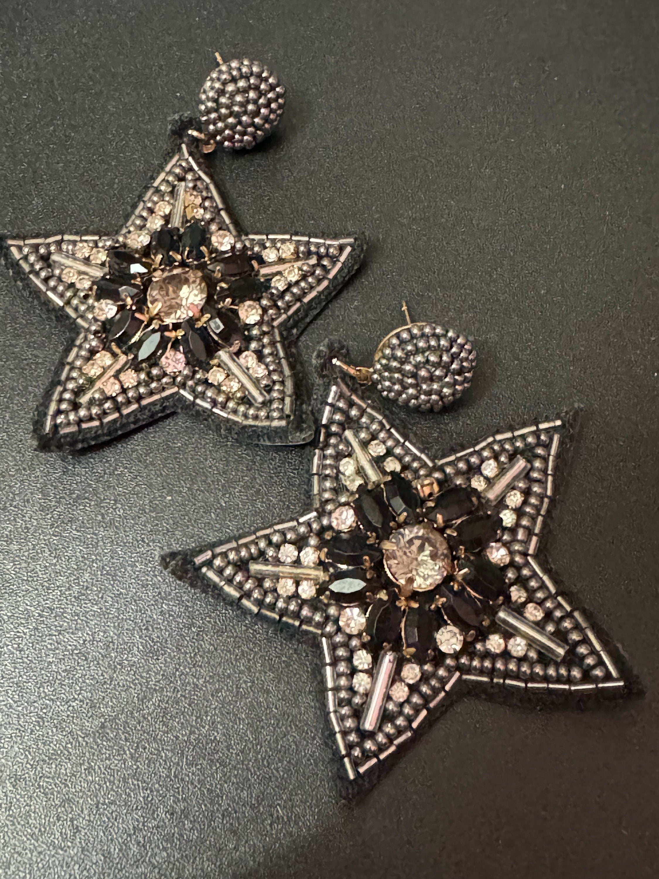 retro black beaded diamanté oversized star earrings pierced ears silver tone 8cm