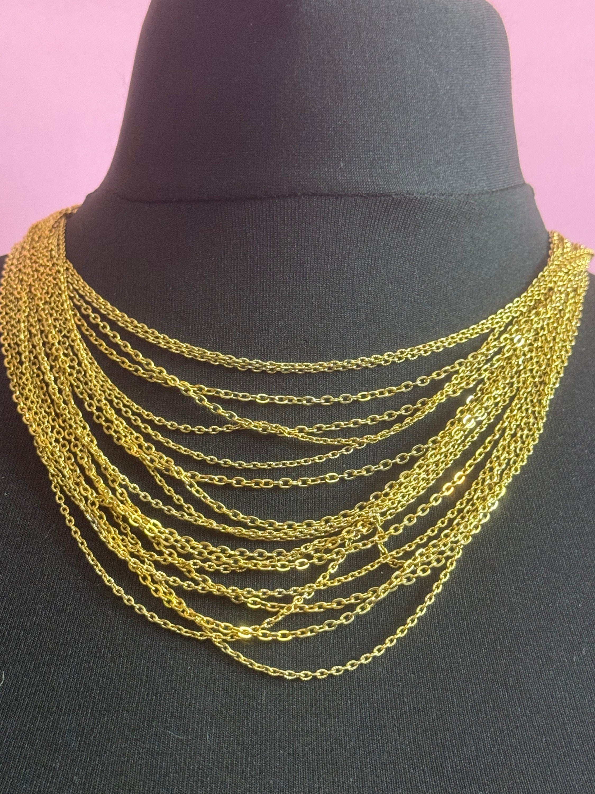 Vintage 1970s gold tone fine multi strand necklace choker waterfall 48cm