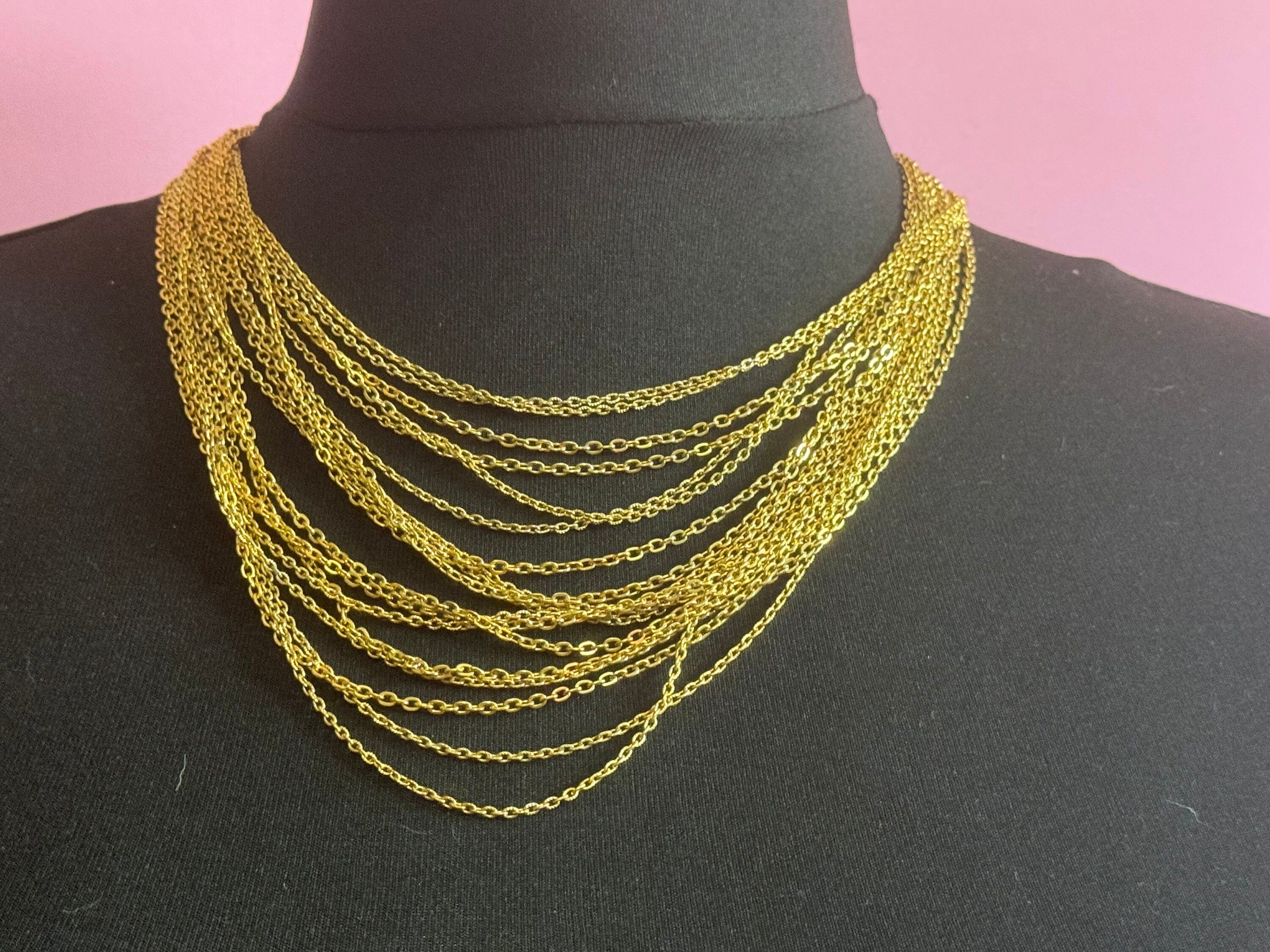 Vintage 1970s gold tone fine multi strand necklace choker waterfall 48cm