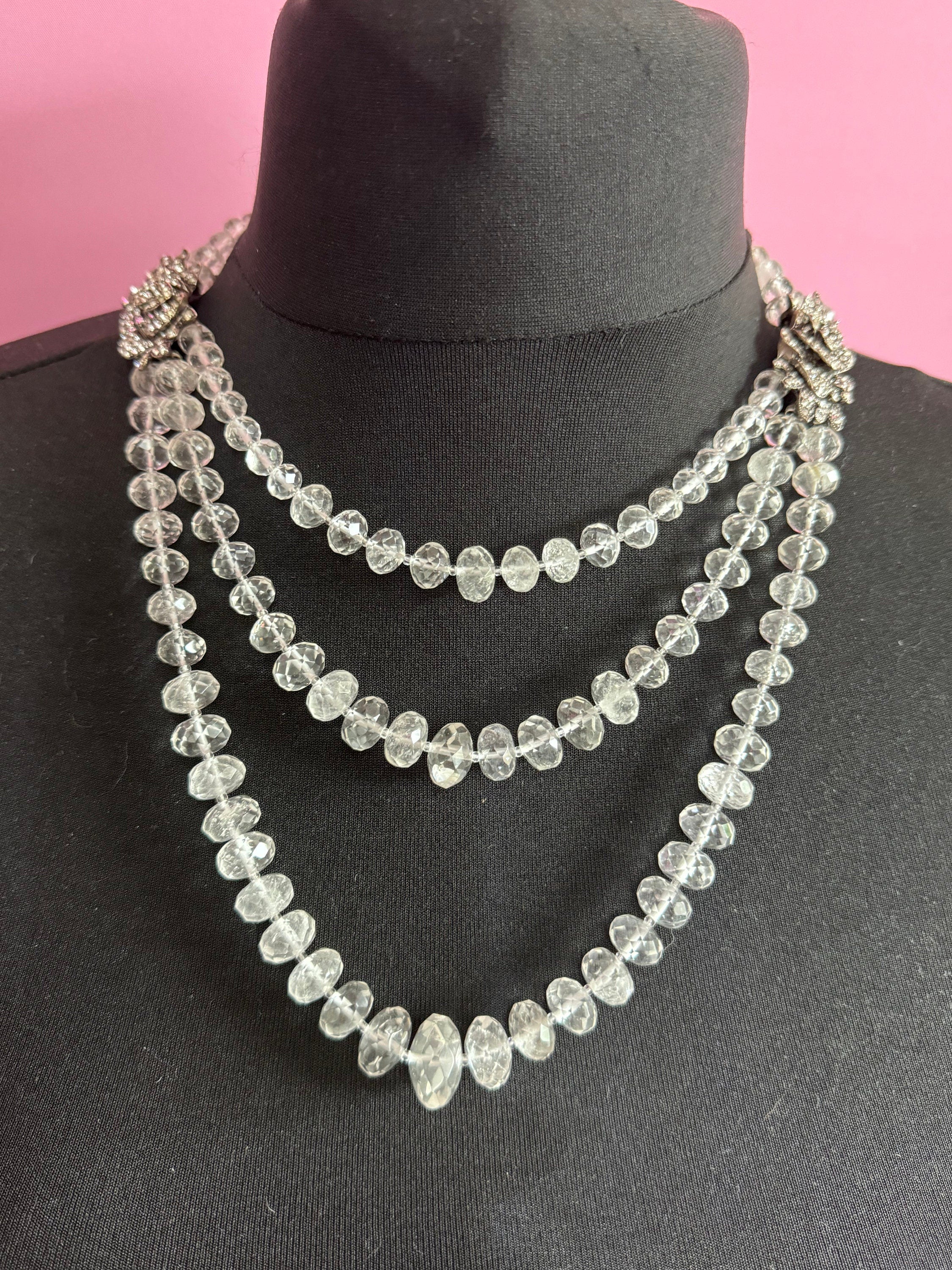 Vintage MONET ESTATE signed 3 row clear diamanté crystal glass necklace with silver and clear floral rhinestones  high end piece