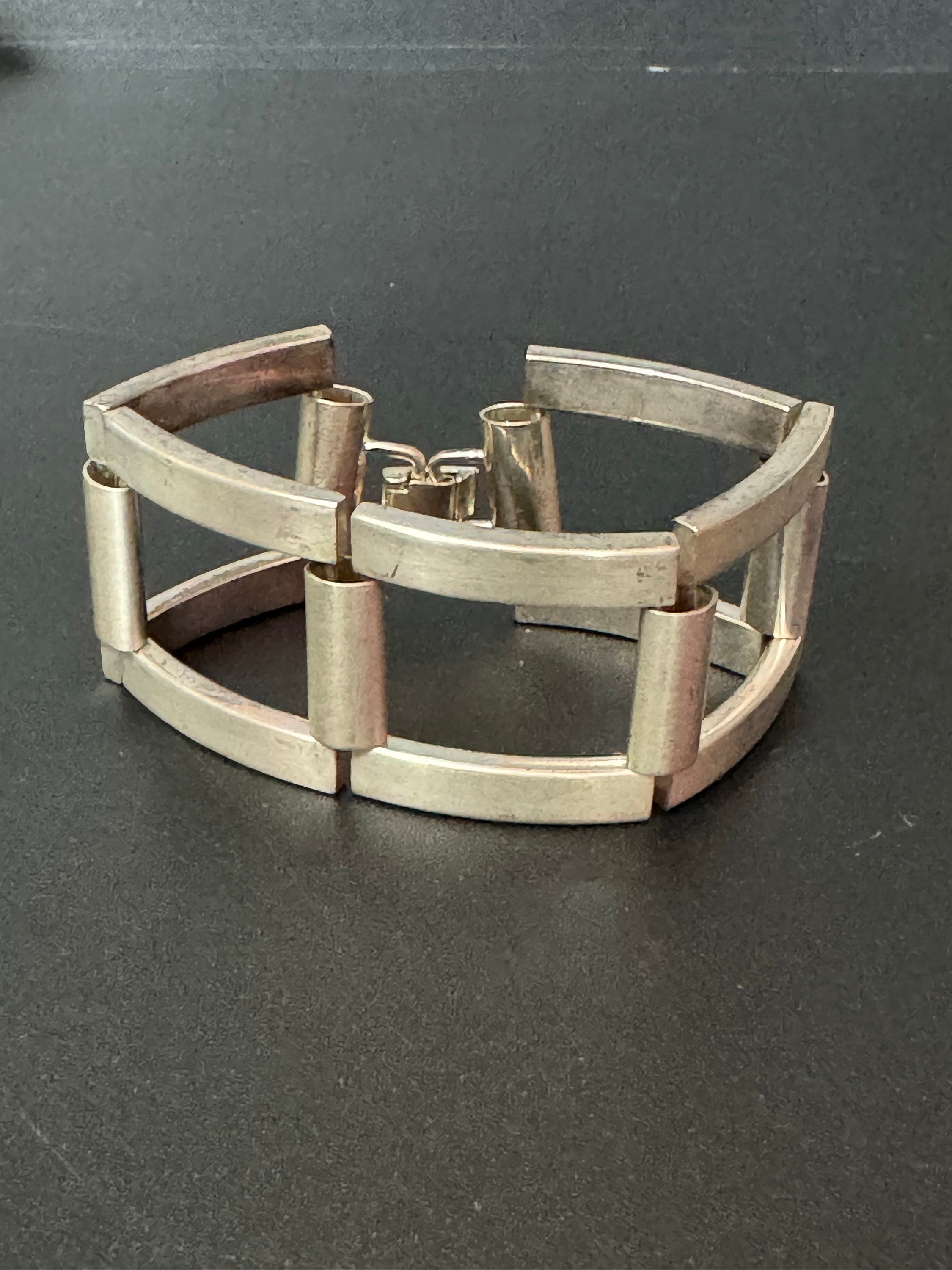 vintage silver tone steel wide brickwork panther link modernist bracelet