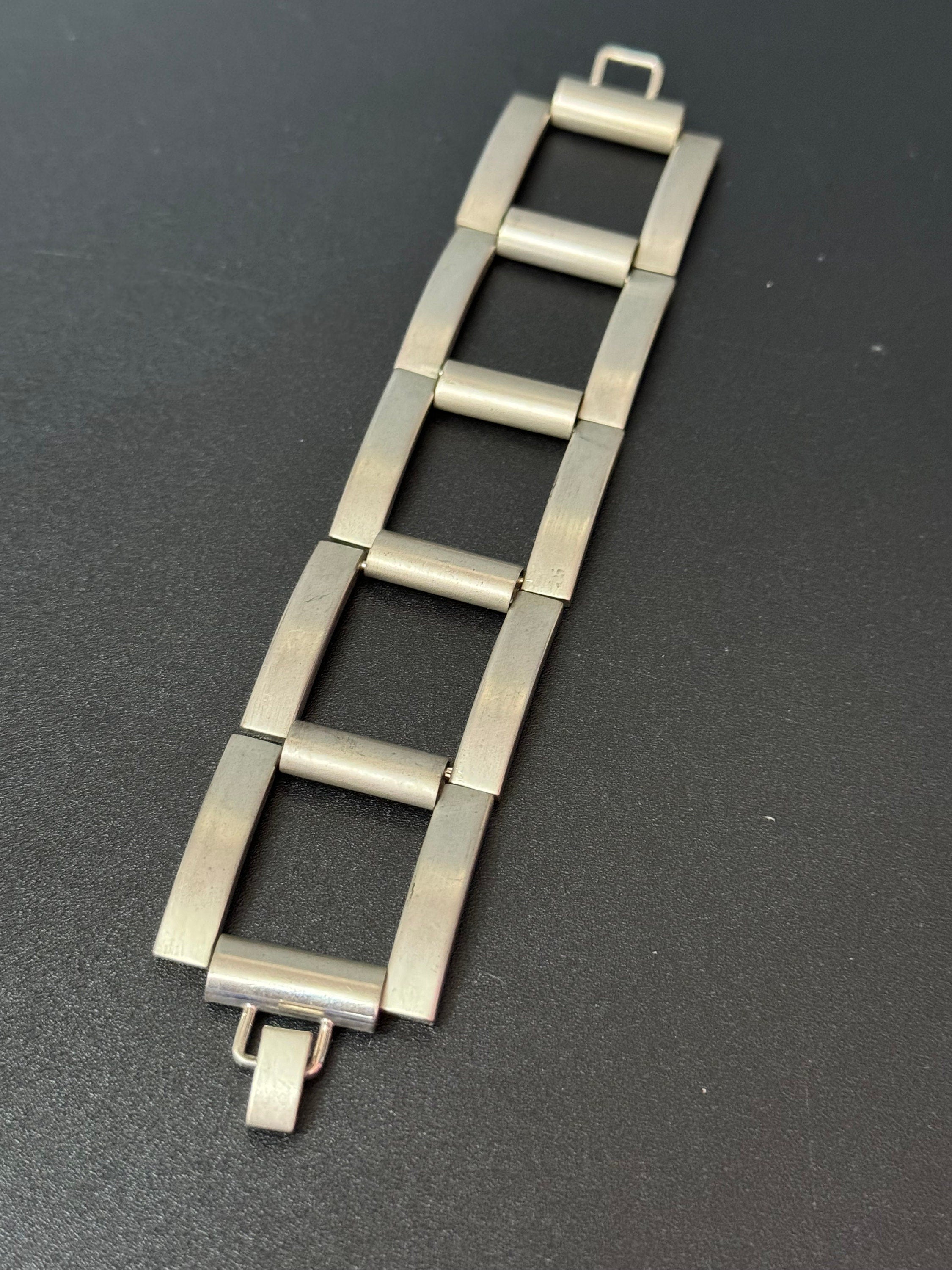 vintage silver tone steel wide brickwork panther link modernist bracelet