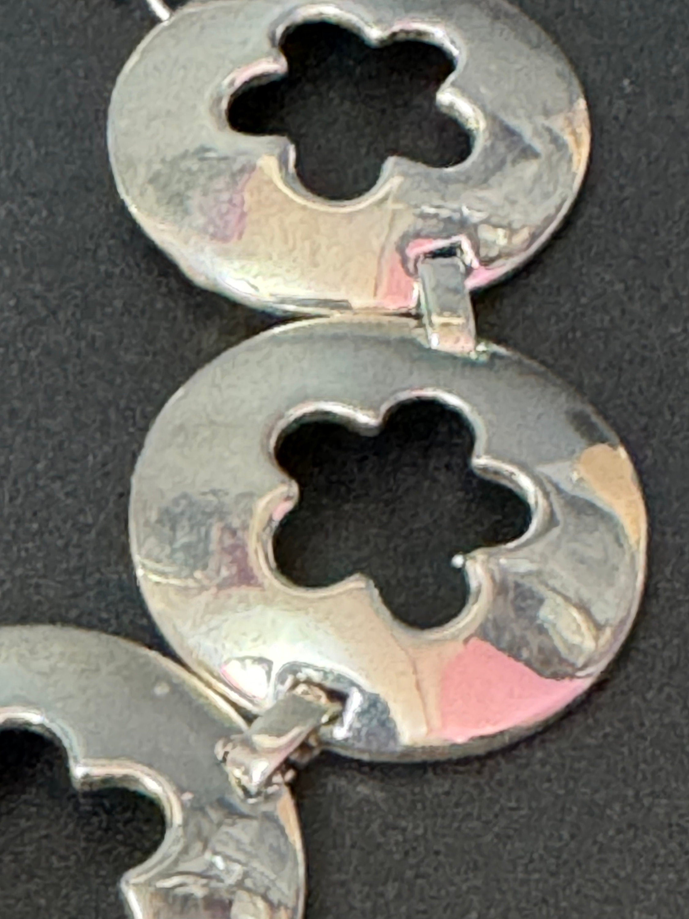 Vintage wide interlinking flower circles panel link silver tone bracelet modernist 20-25cm x 3cm