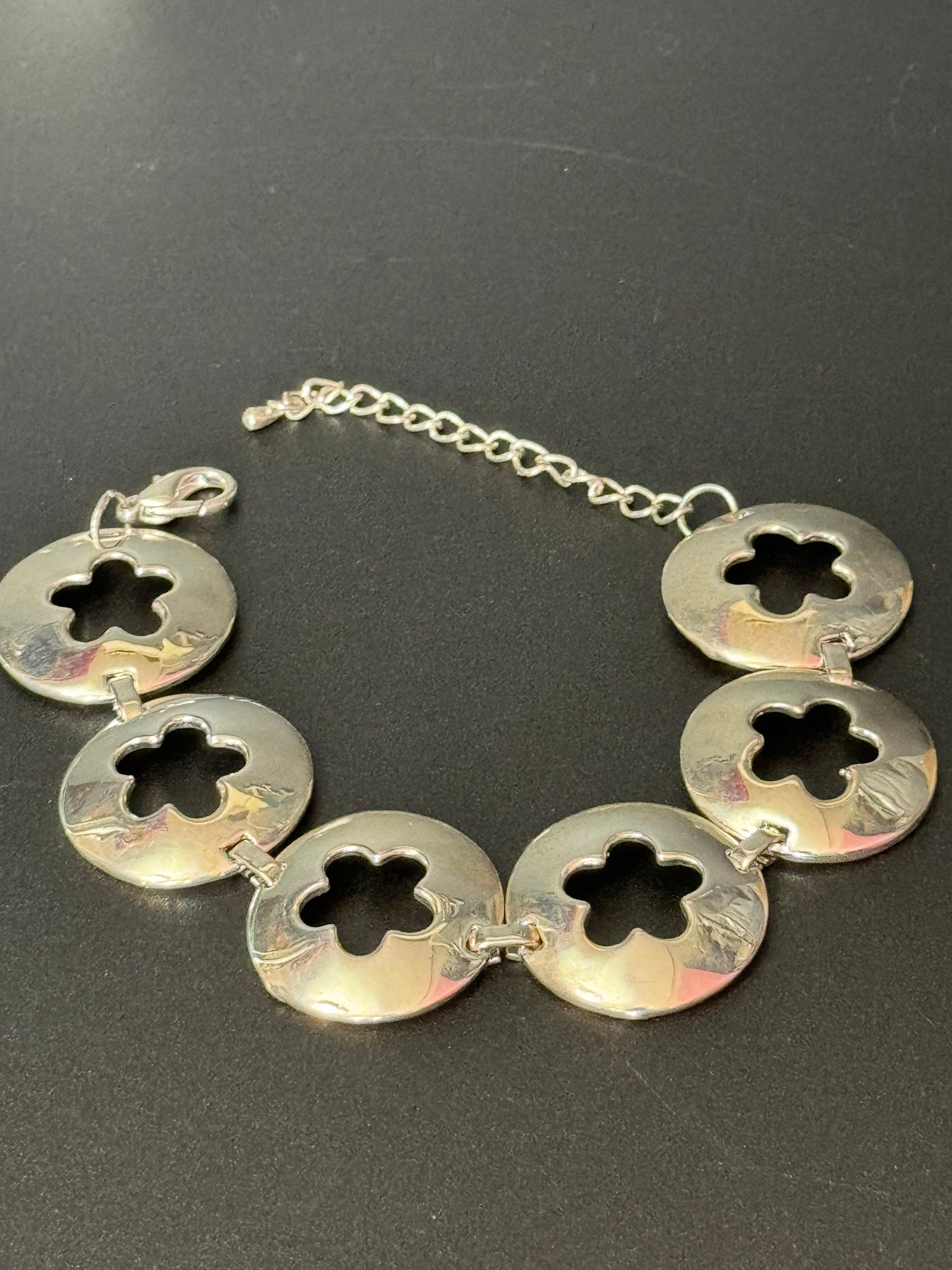 Vintage wide interlinking flower circles panel link silver tone bracelet modernist 20-25cm x 3cm