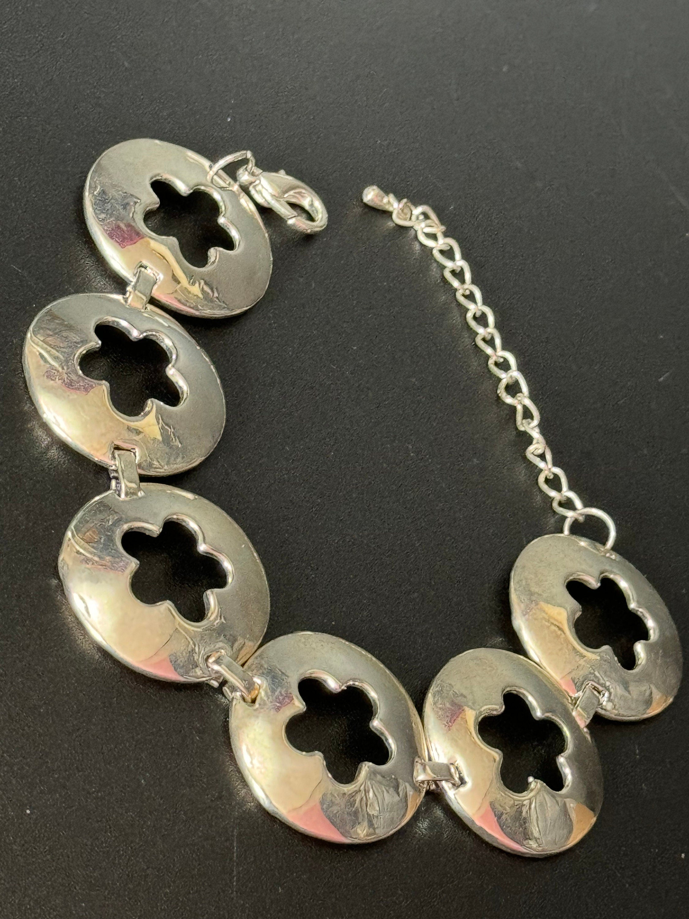 Vintage wide interlinking flower circles panel link silver tone bracelet modernist 20-25cm x 3cm