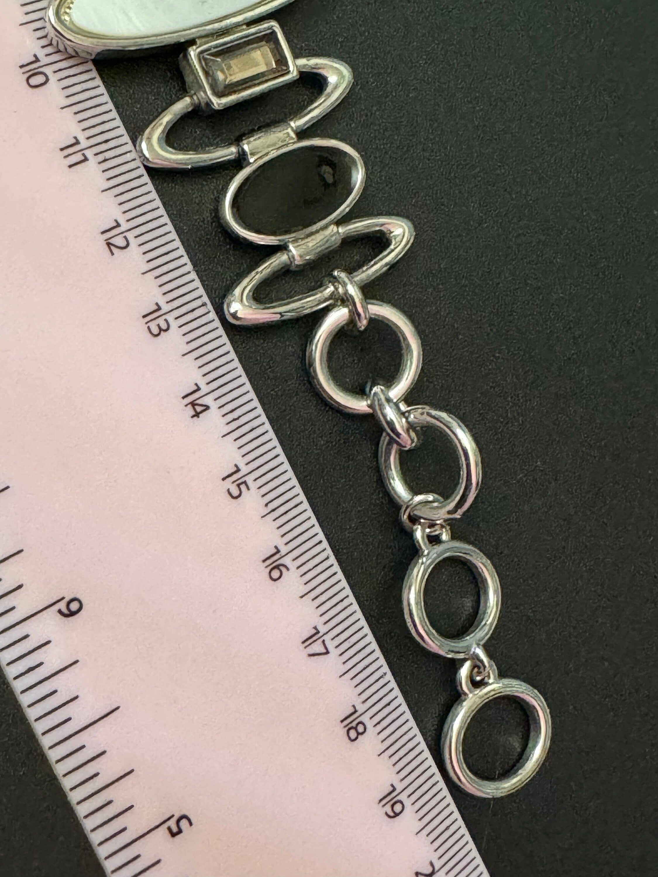 Retro modernist black and white panel link bracelet silver tone signed 20cm