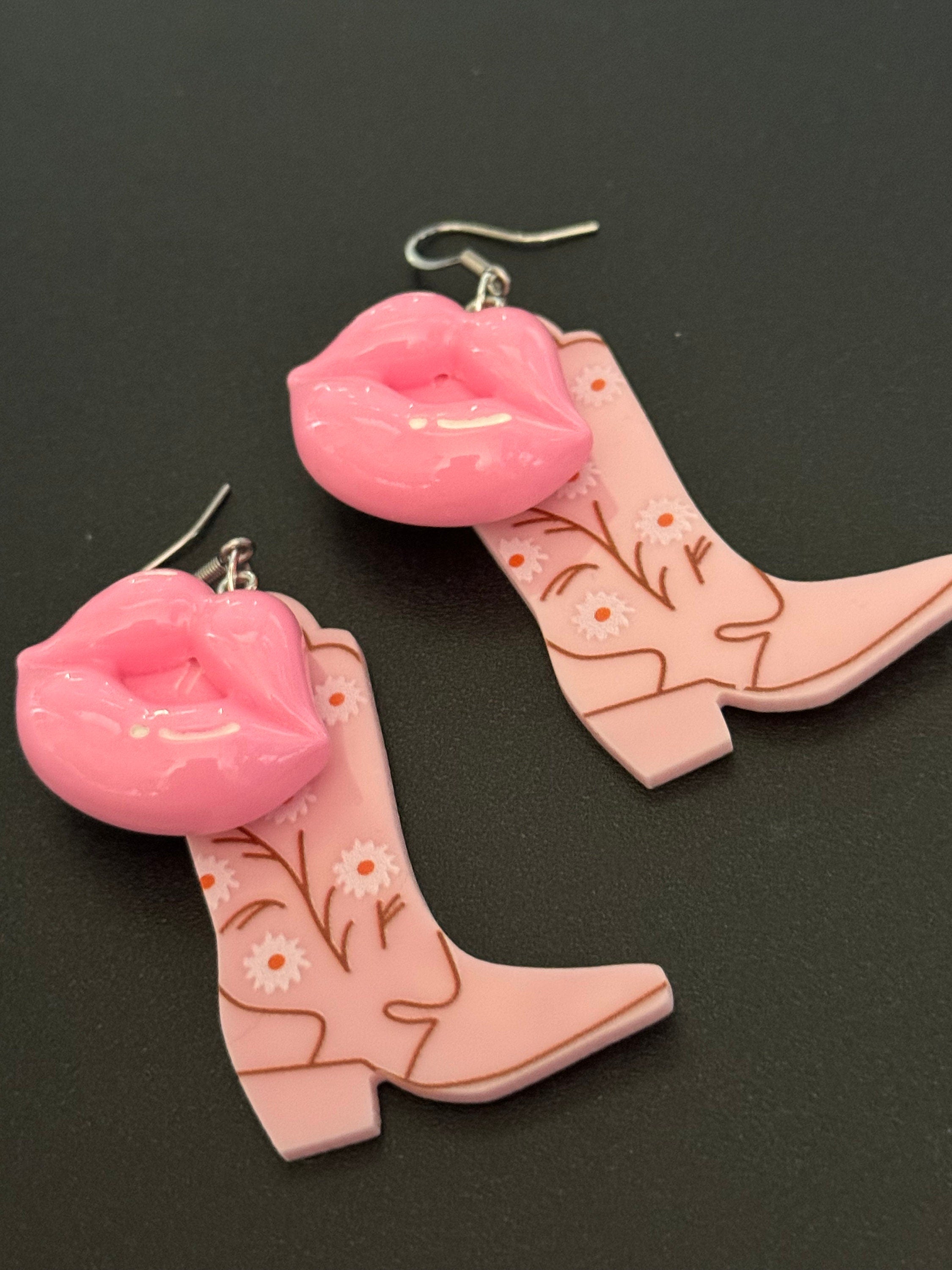 pink cowboy boot pink lips lipstick long dangly earrings gold tone dolly disco western jewellery