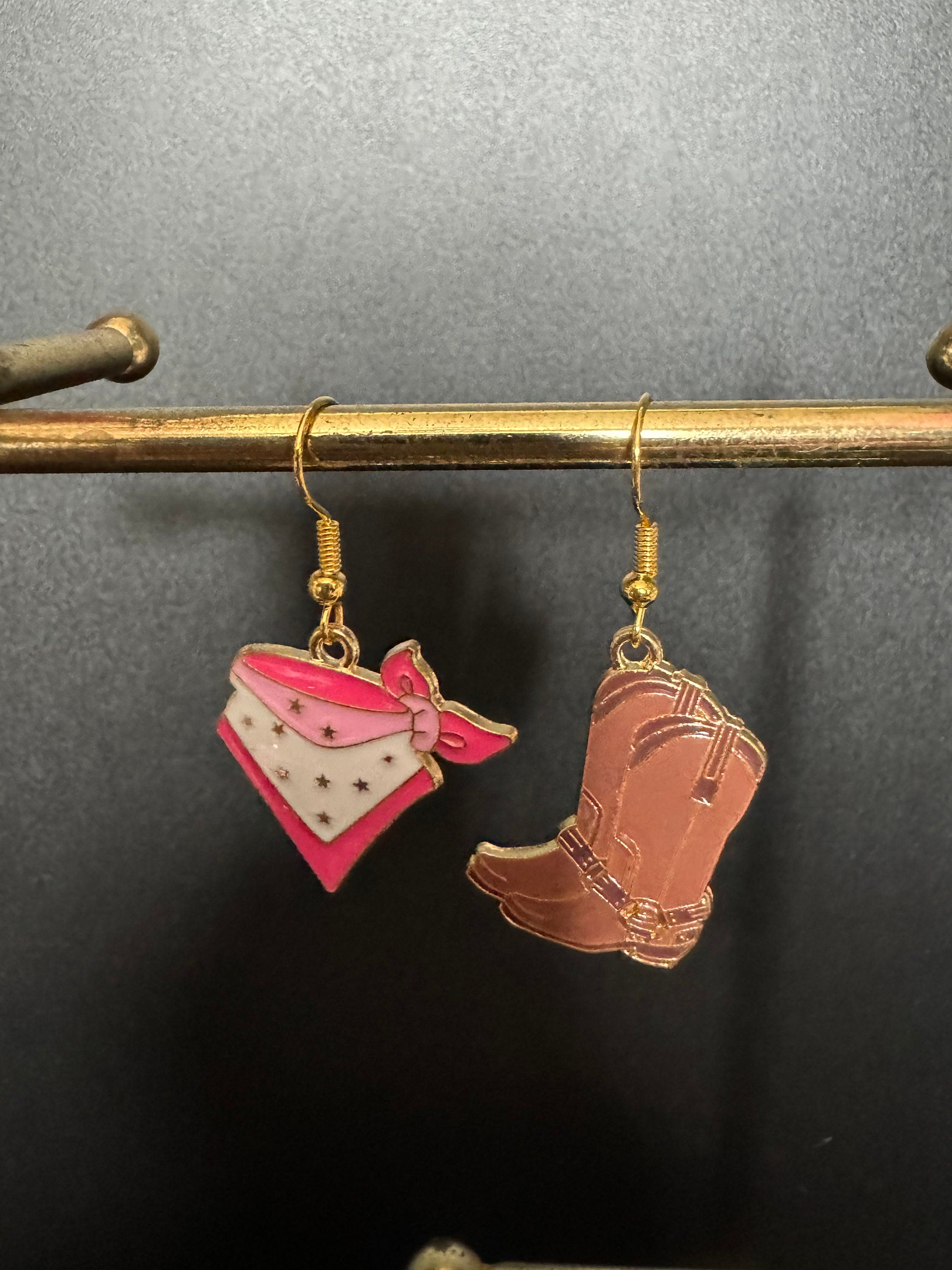 Cowboy boot and pink cowgirl bandana dangly earrings Dolly Parton jewellery pierced Western 2.0 gold tone brown enamel