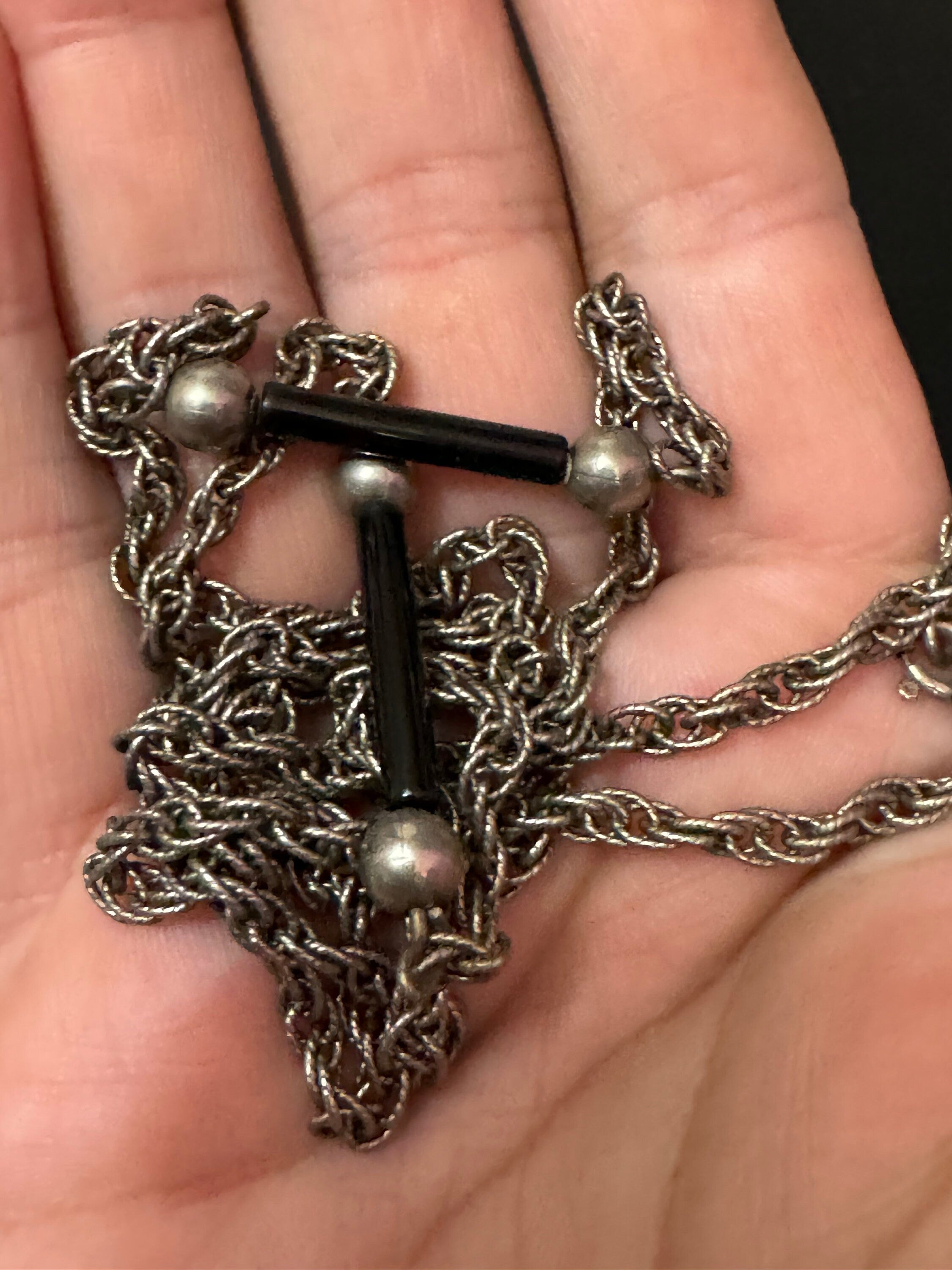 Vintage 1970s German 835 silver long rope chain black ball and glass bar beaded station necklace 21grams 32 inch
