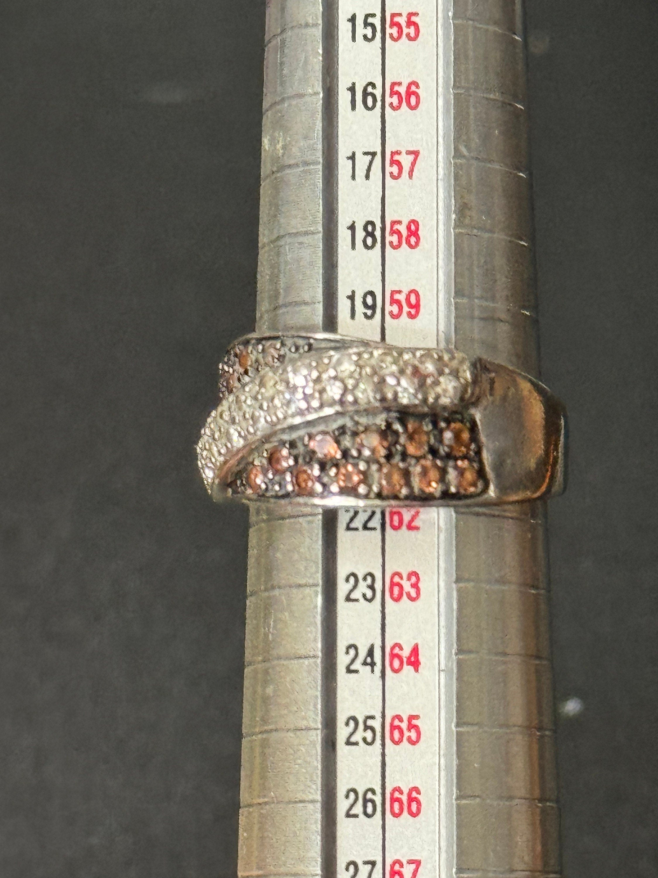 Vintage 925 sterling silver modernist brown diamanté wide band ring size T 6.5 grams
