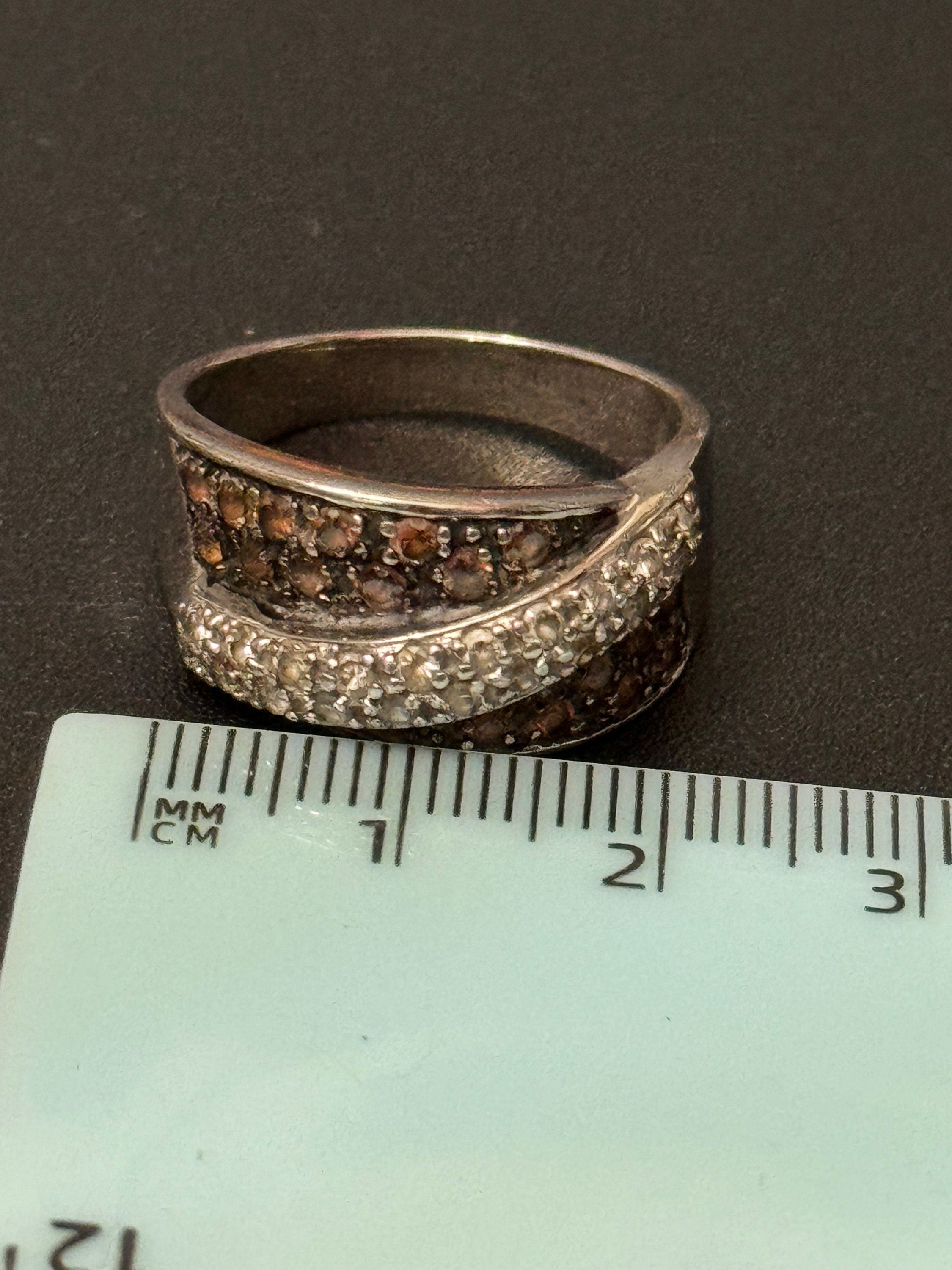 Vintage 925 sterling silver modernist brown diamanté wide band ring size T 6.5 grams