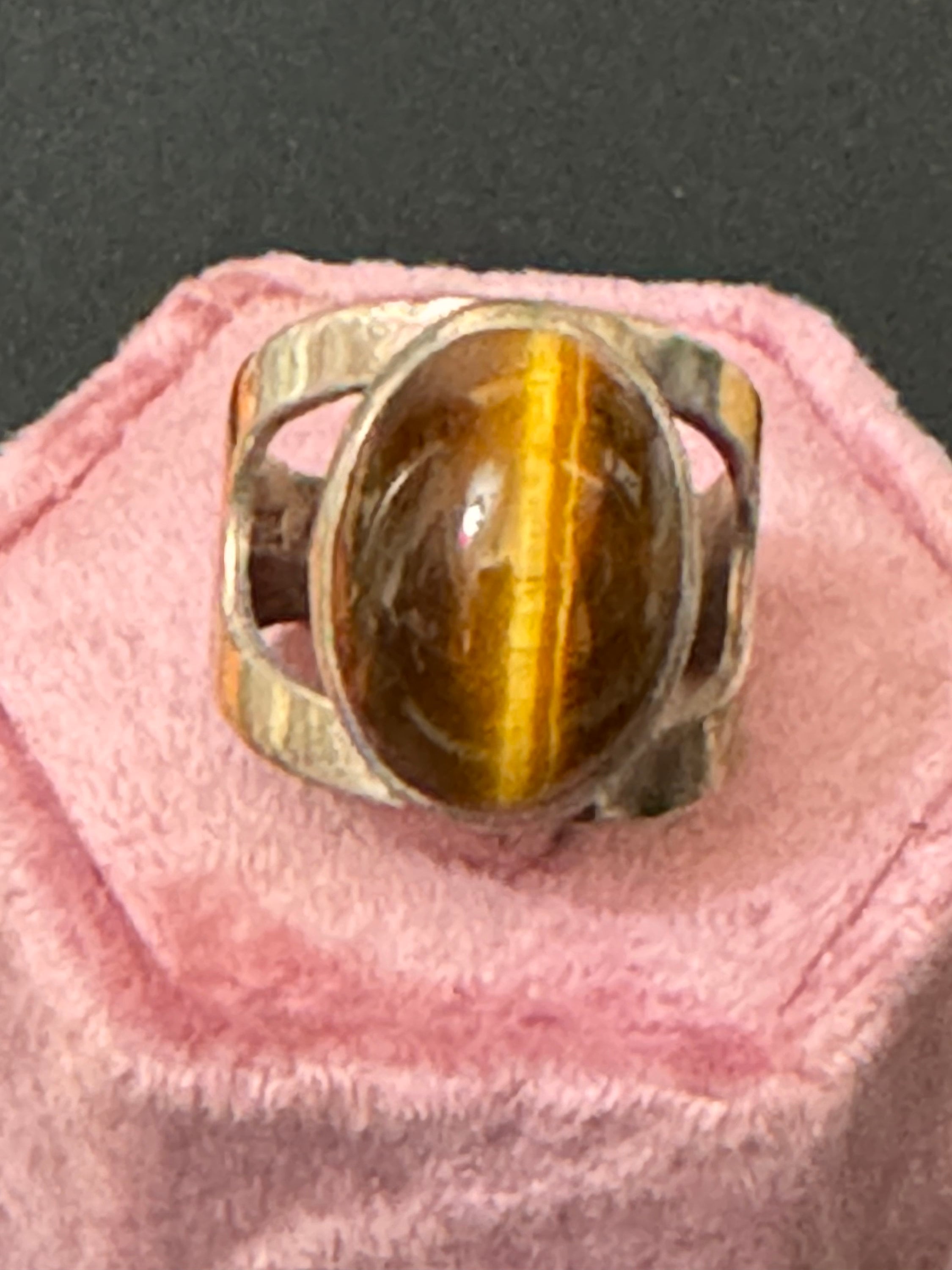 Size m n o p Vintage 925 sterling silver adjustable ring with oval tigers eye gemstone cabochon 1960s
