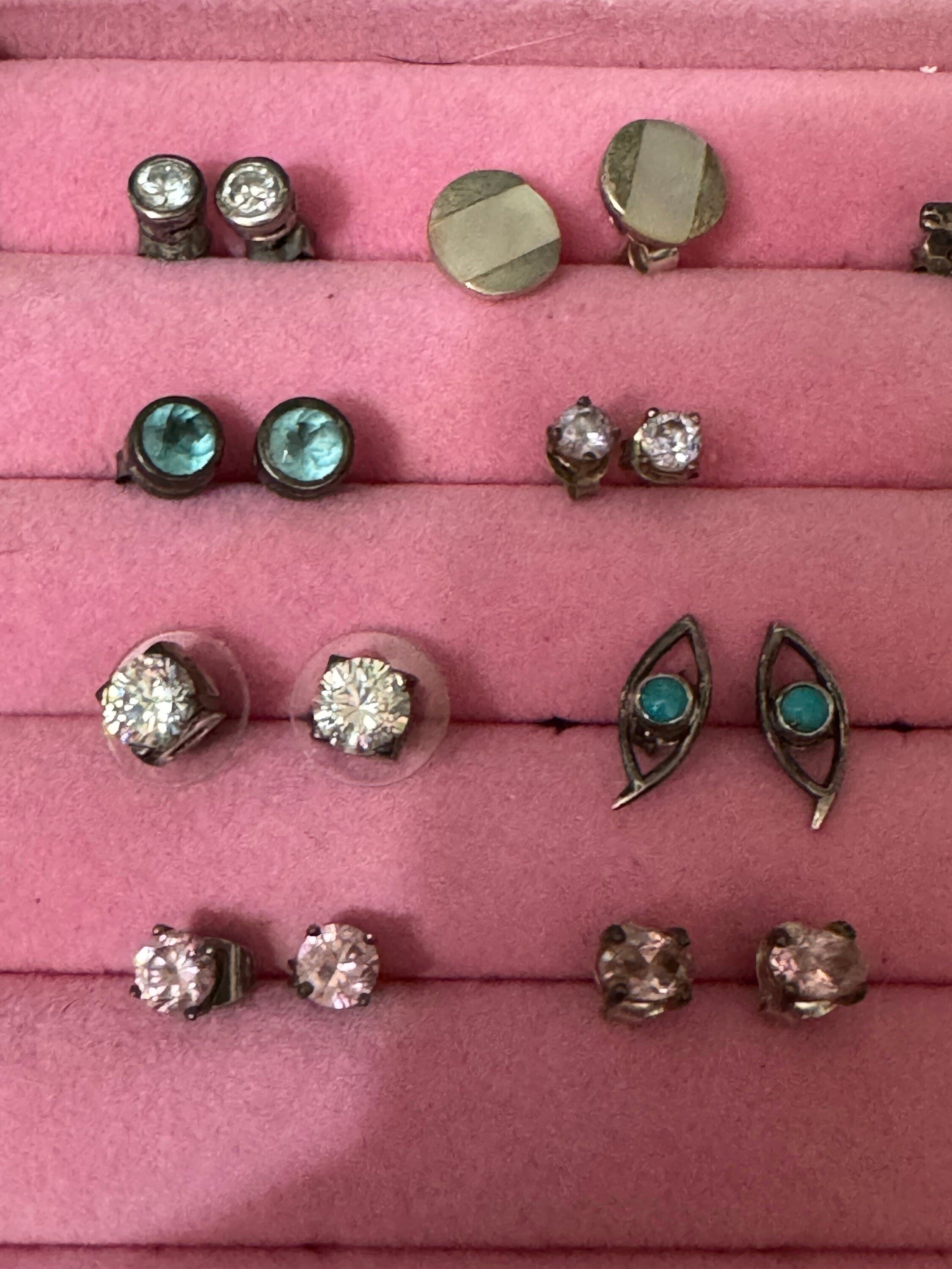 Vintage 925 Sterling silver clear diamanté small round stud earrings pierced