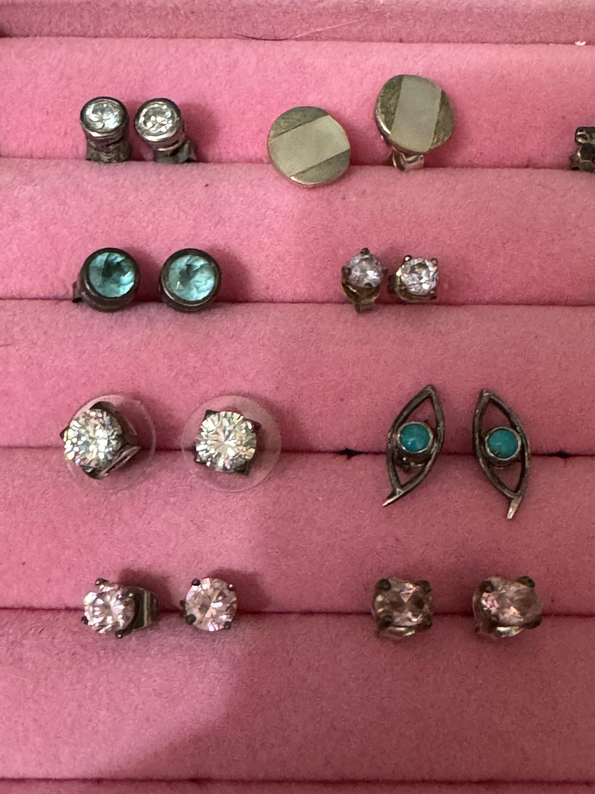 Vintage 925 Sterling silver pink diamanté small round stud earrings pierced
