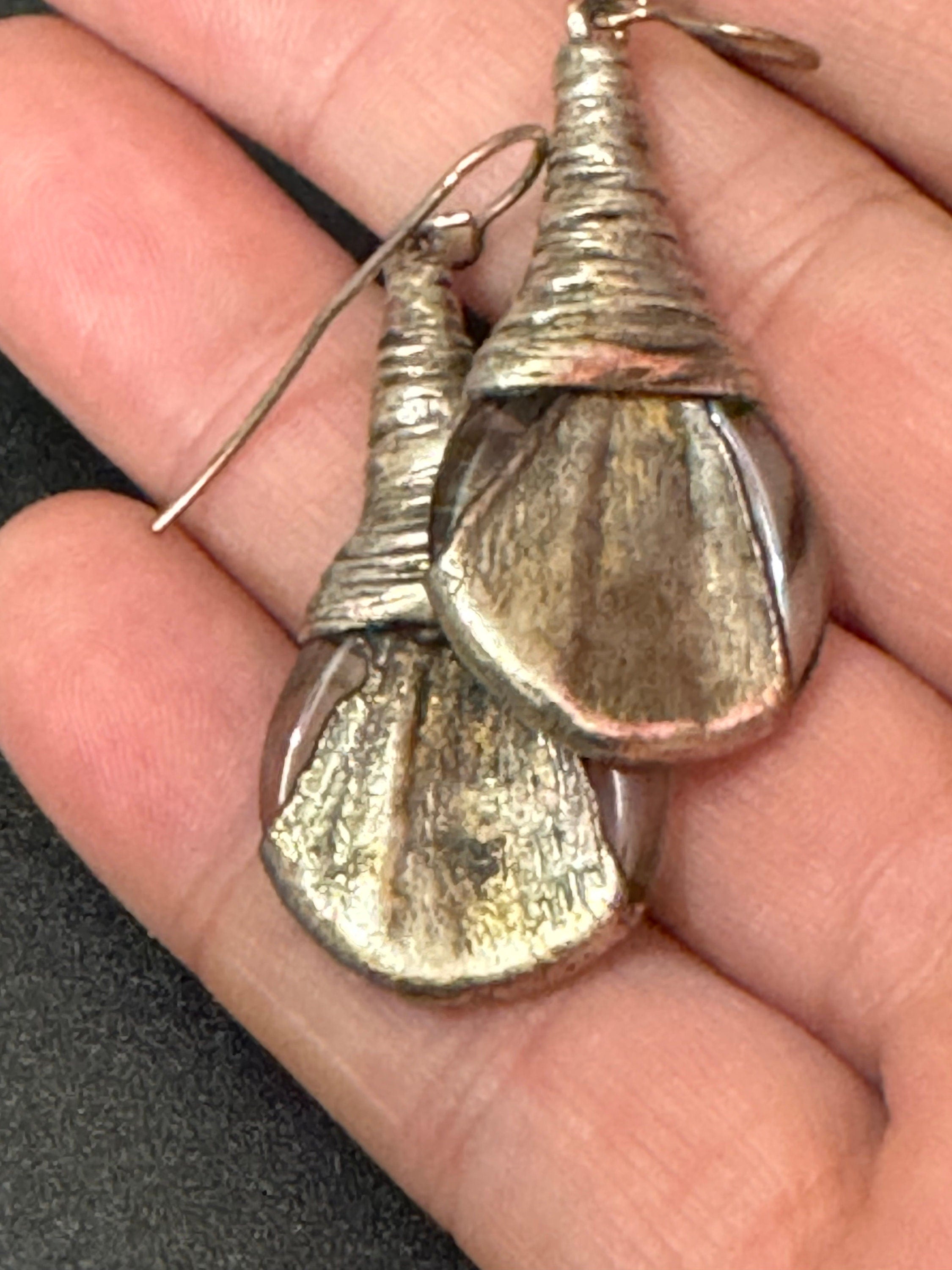 Vintage handmade artisan 925 sterling silver metallic dichloric glass teardrop long earrings pierced ears modernist