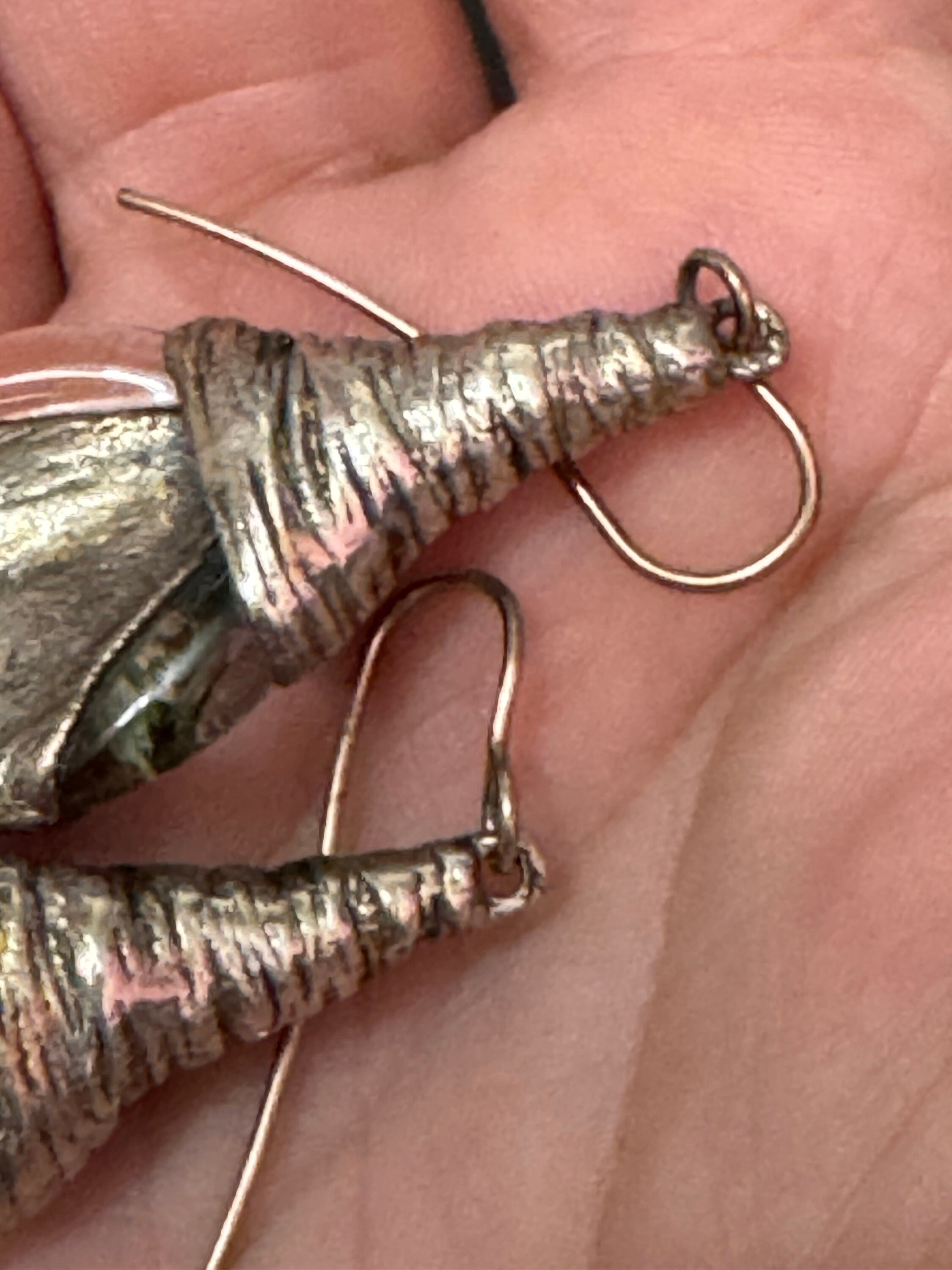 Vintage handmade artisan 925 sterling silver metallic dichloric glass teardrop long earrings pierced ears modernist