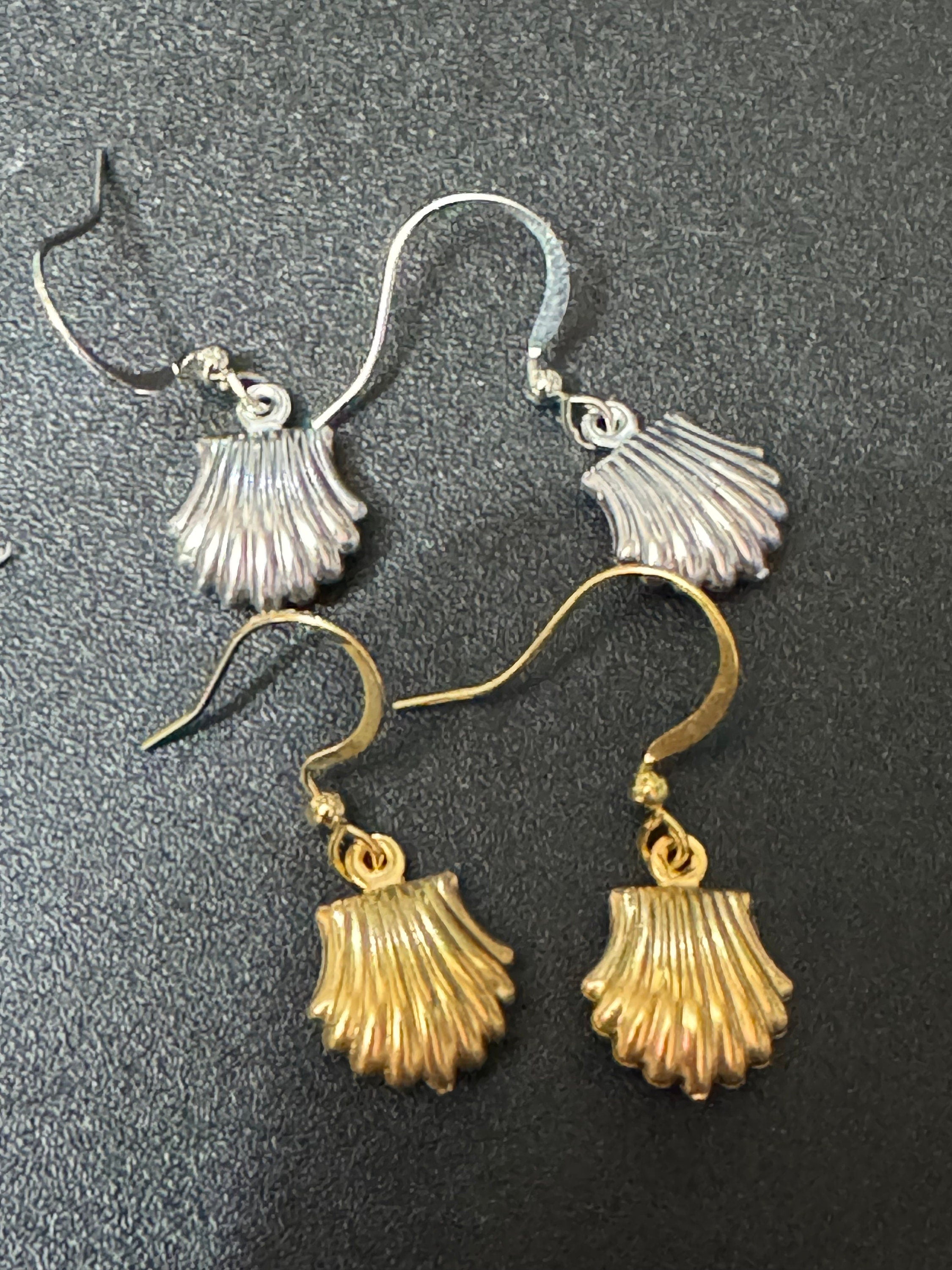 Gold or silver tone small clam shell drop earrings pierced ears select colour choice