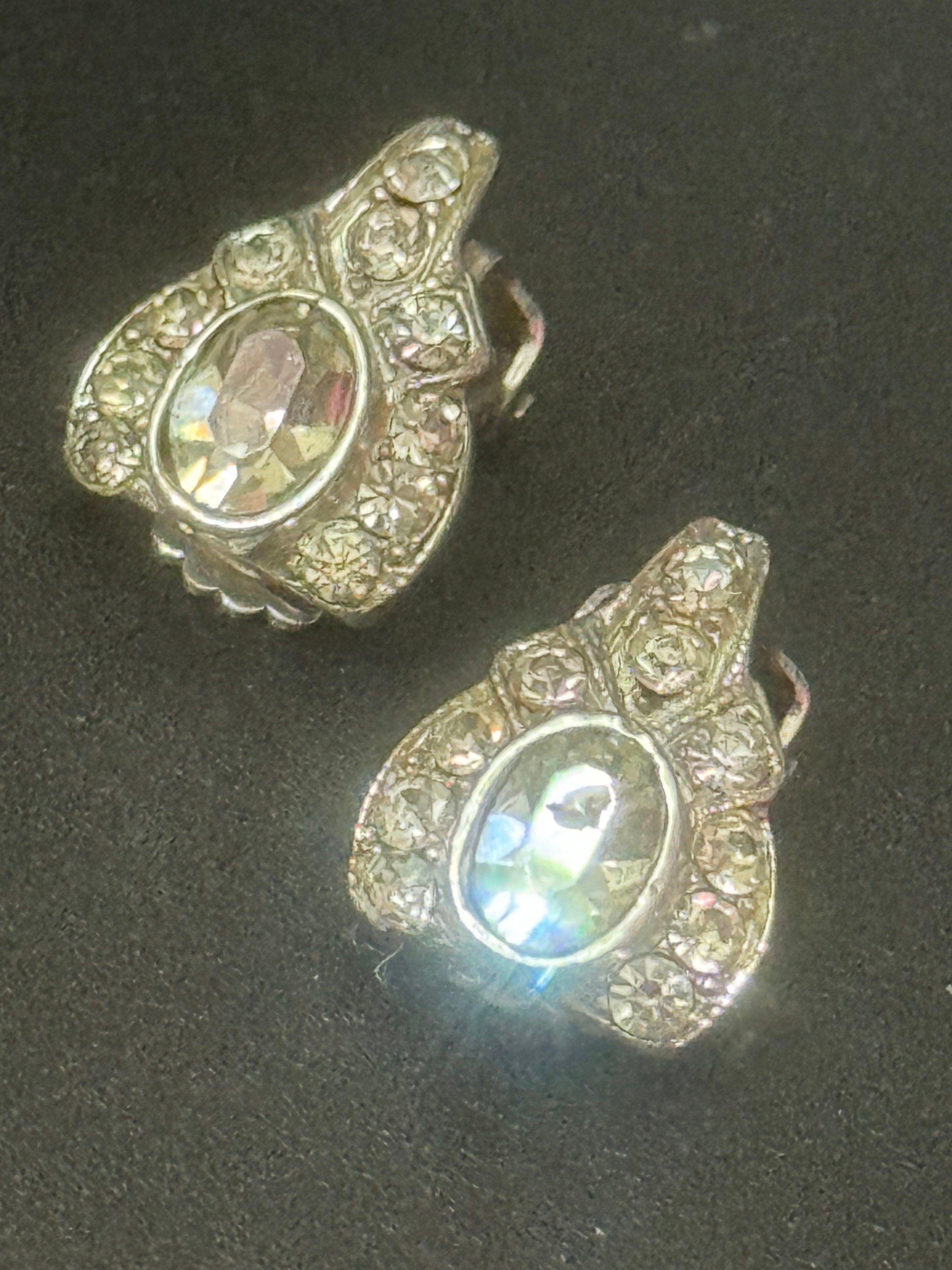 Signed REINAD high end silver tone clip on Stud button earrings clear diamanté