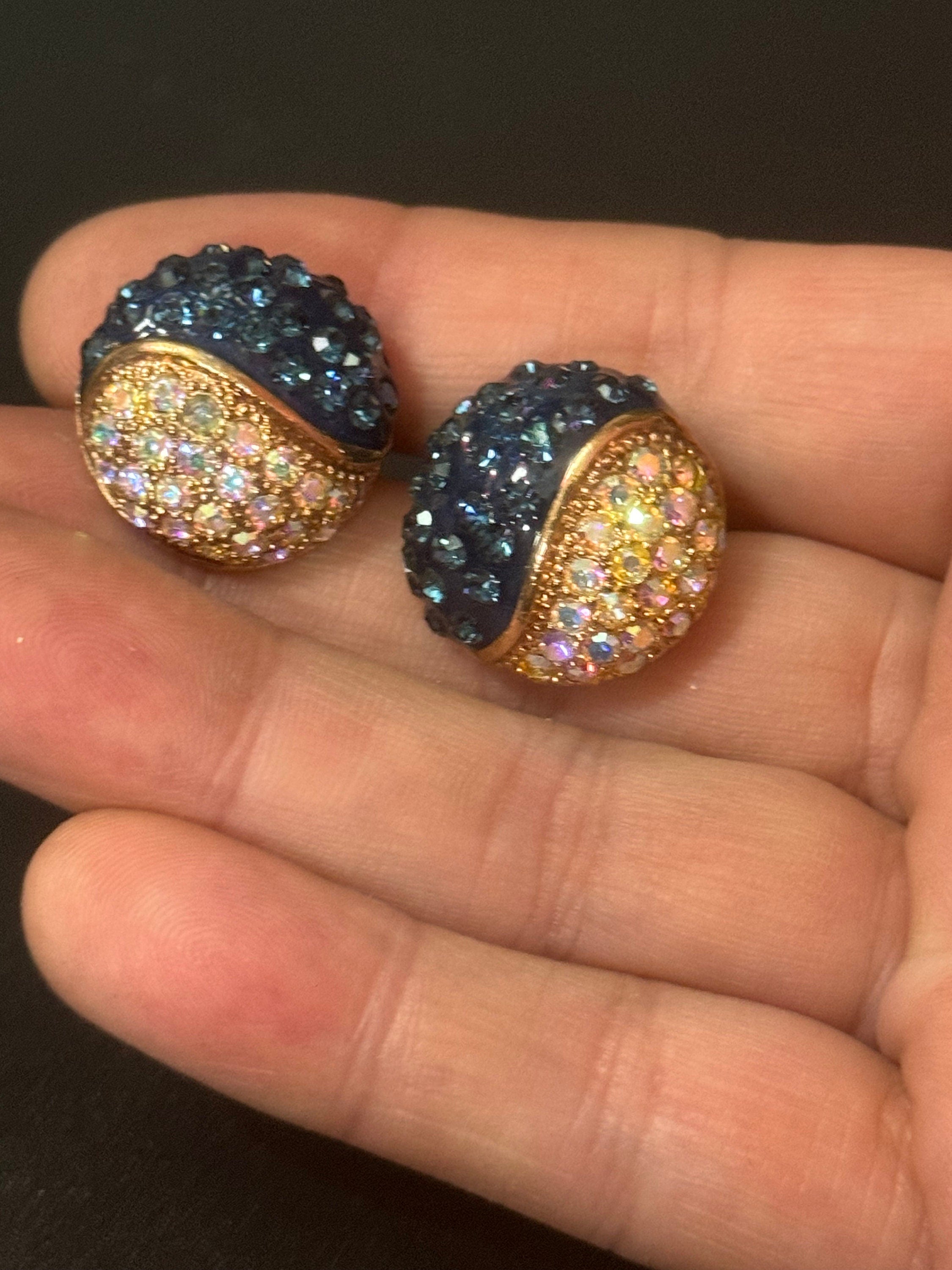 signed designer Roman gold tone encrusted black clear diamanté paste stud earrings