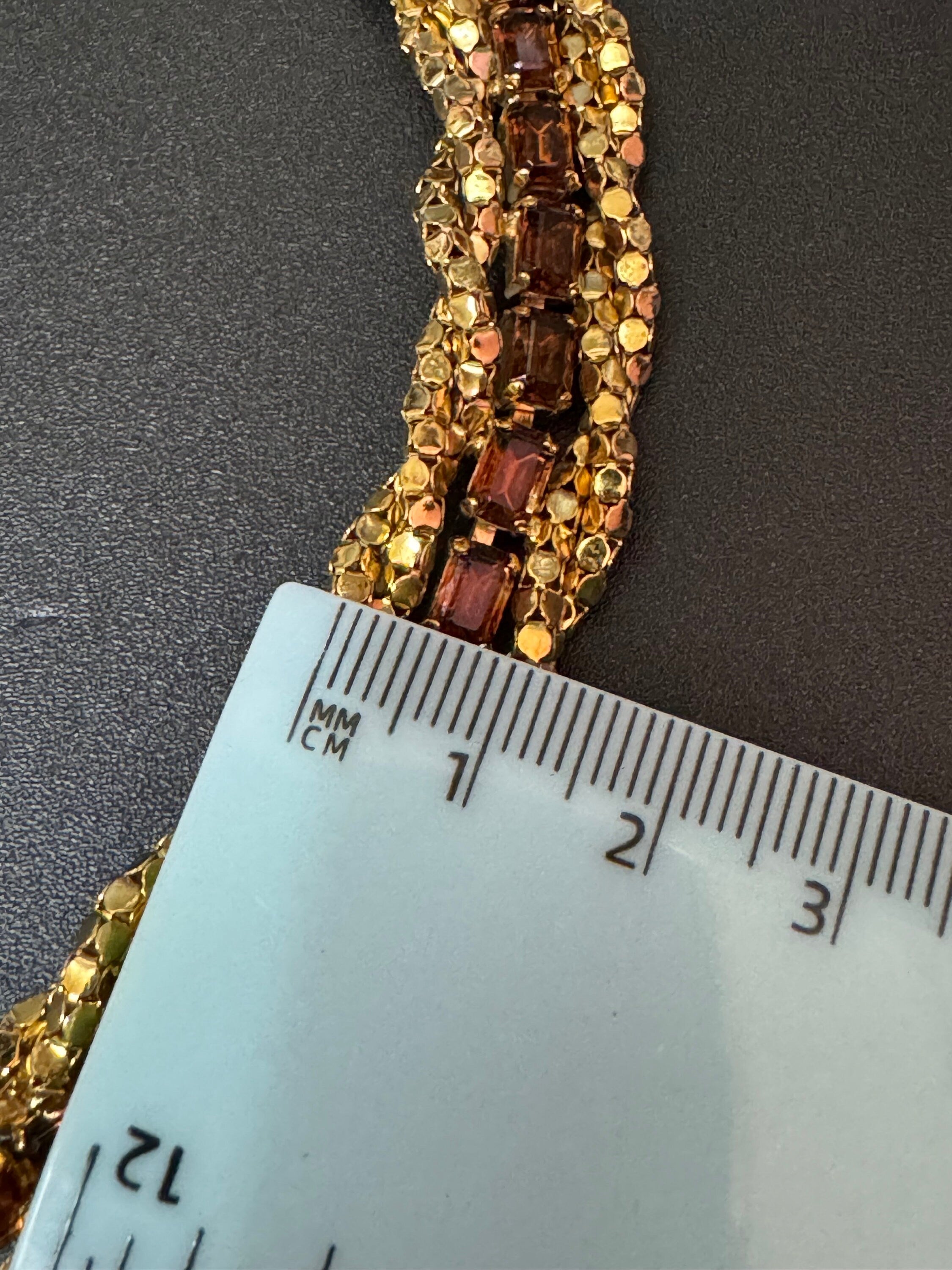 Vintage gold tone cognac brown glass diamanté paste mesh choker necklace 41cm fixed length