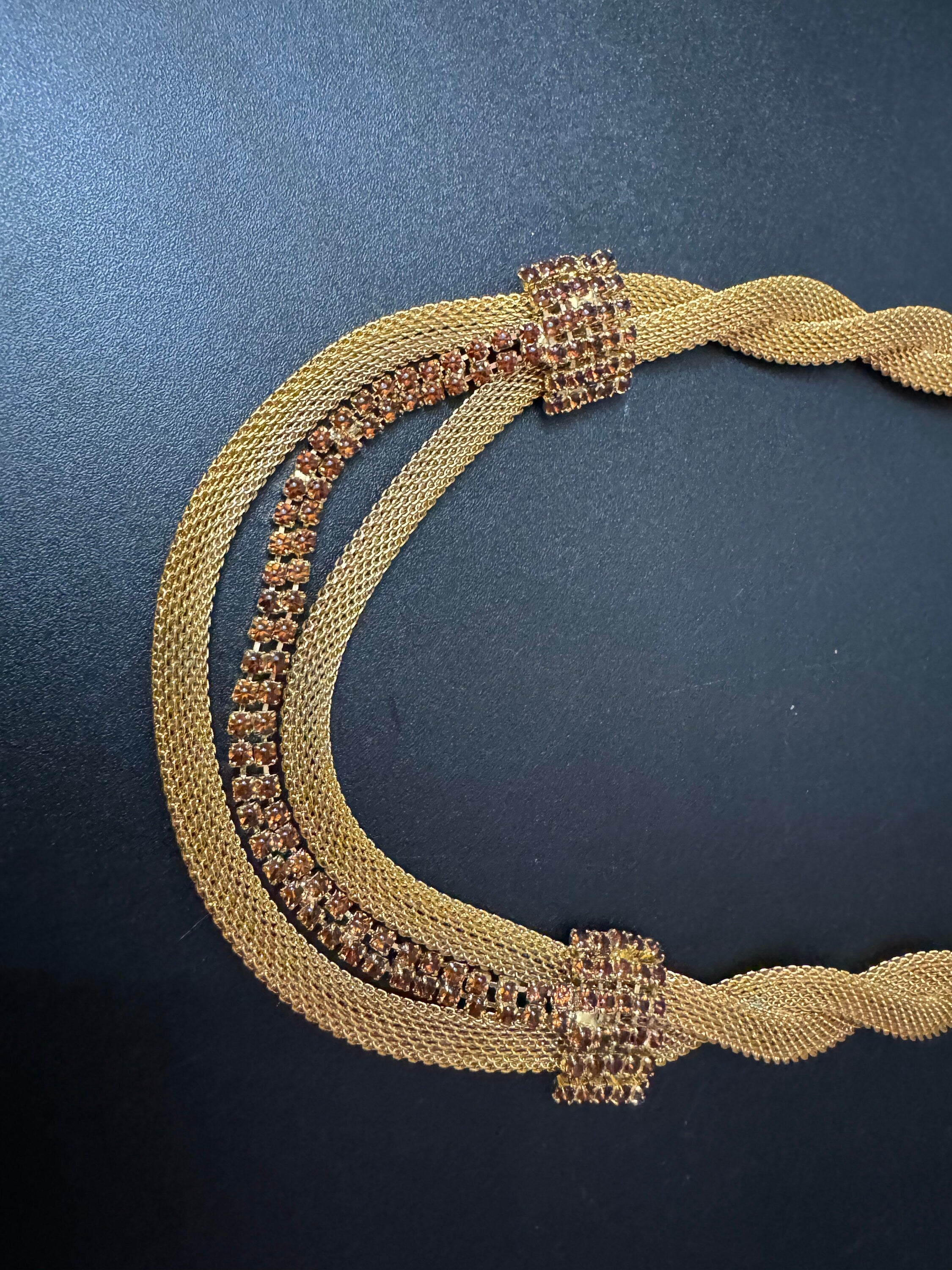 Vintage brown cognac glass diamanté rhinestone waterfall drop necklace gold tone 42-47cm