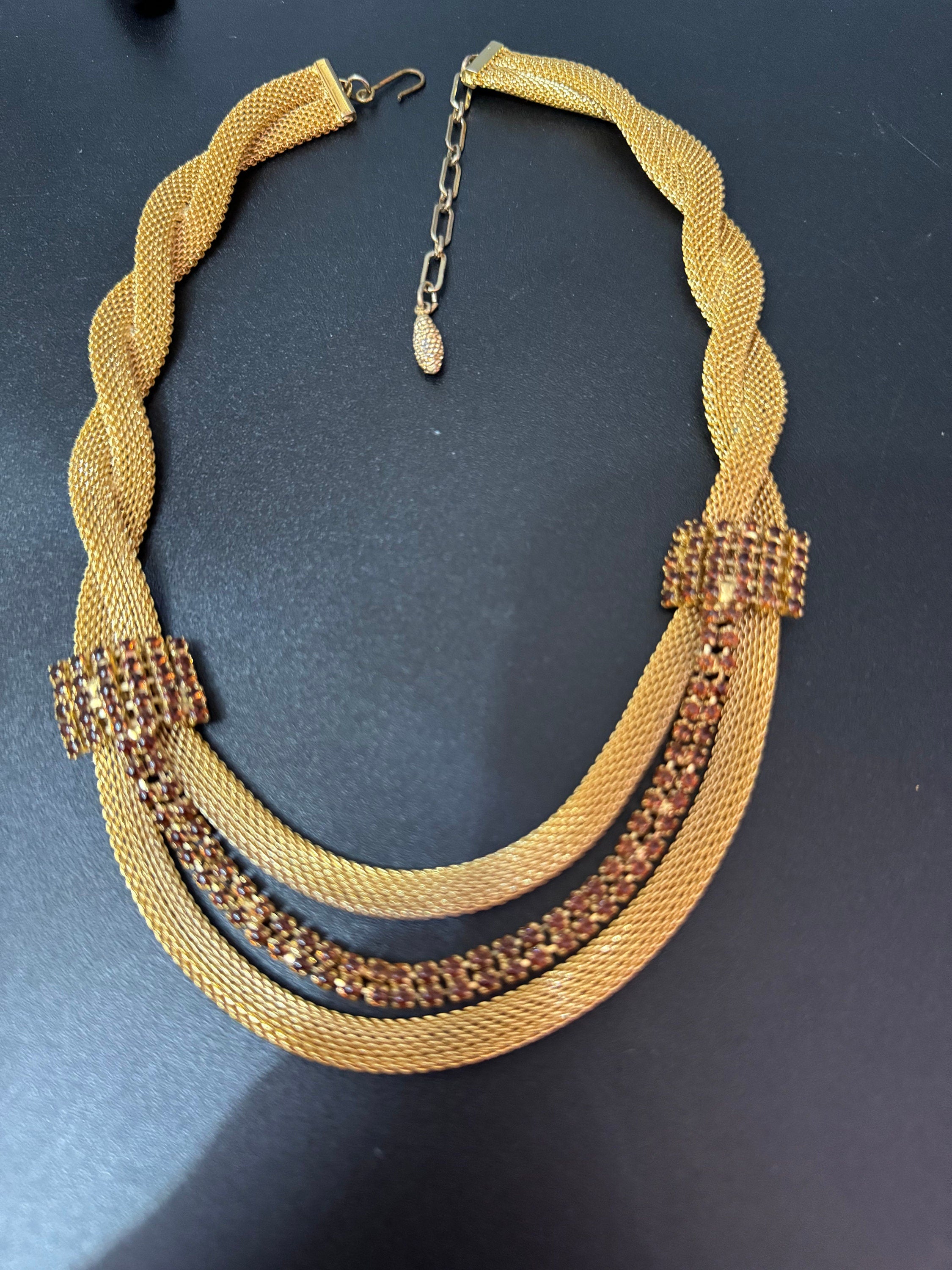 Vintage brown cognac glass diamanté rhinestone waterfall drop necklace gold tone 42-47cm