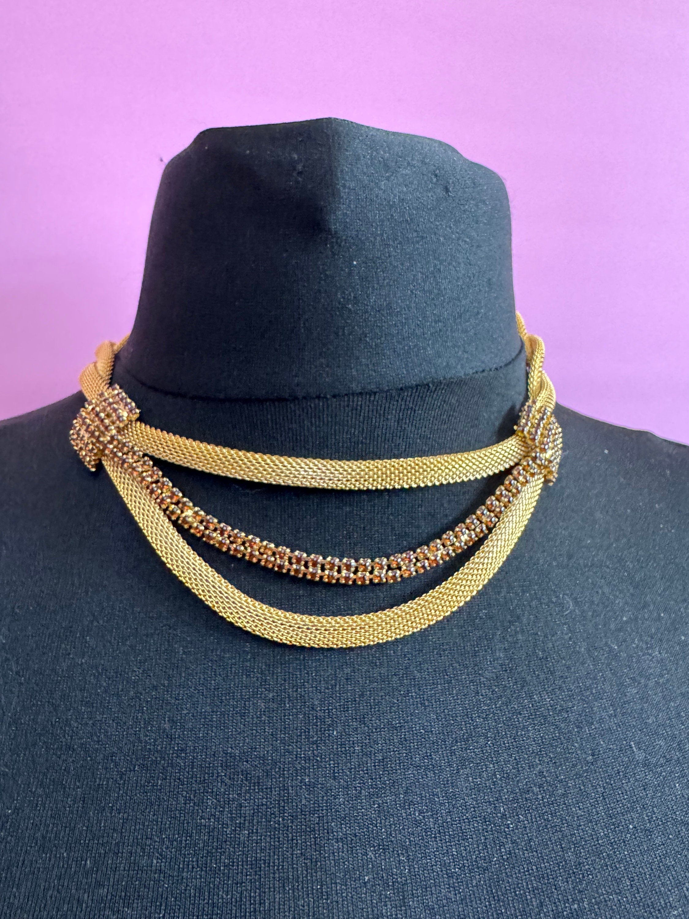 Vintage brown cognac glass diamanté rhinestone waterfall drop necklace gold tone 42-47cm