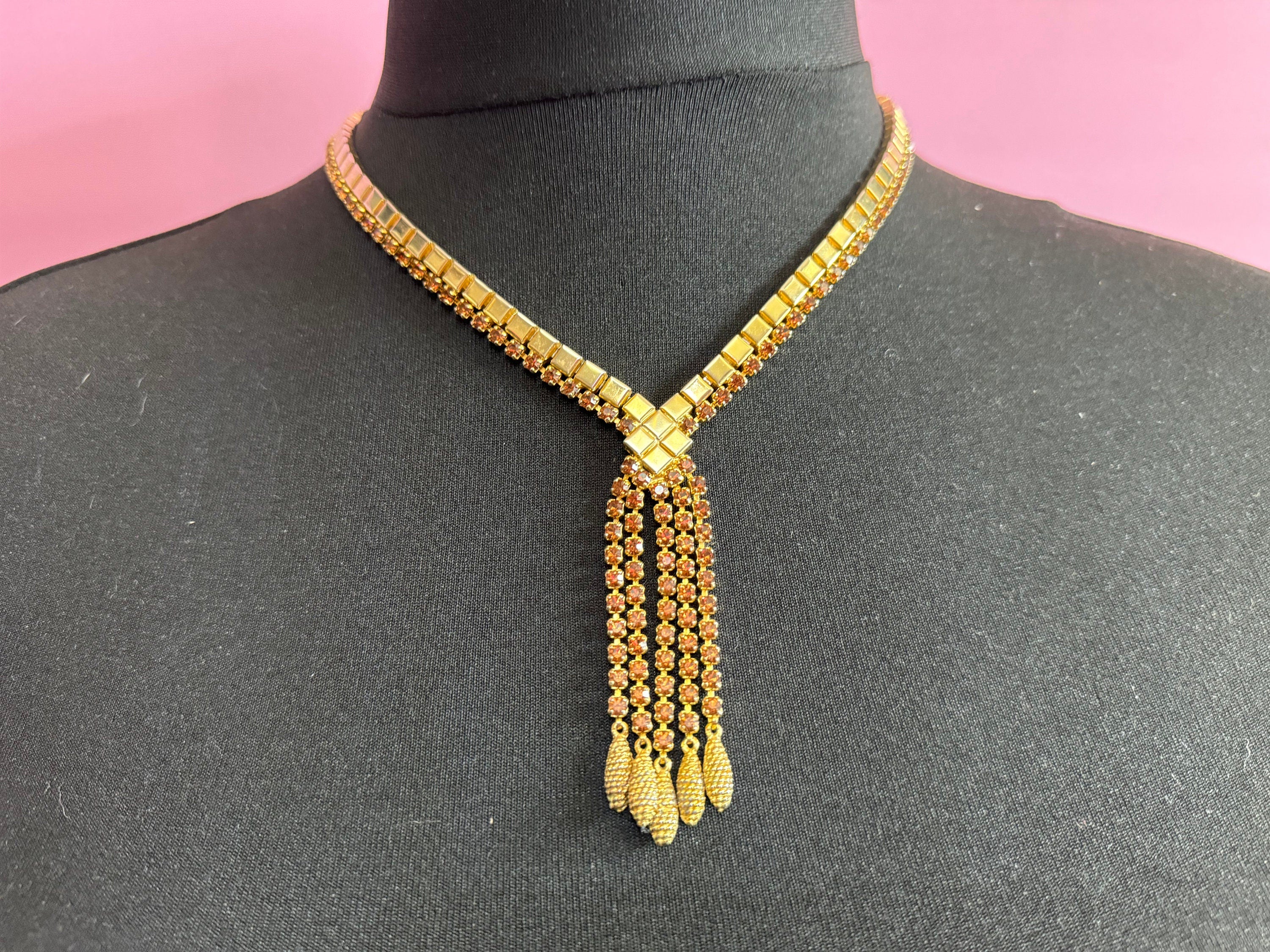 Vintage brown cognac glass diamanté rhinestone waterfall drop necklace gold tone 42-47cm