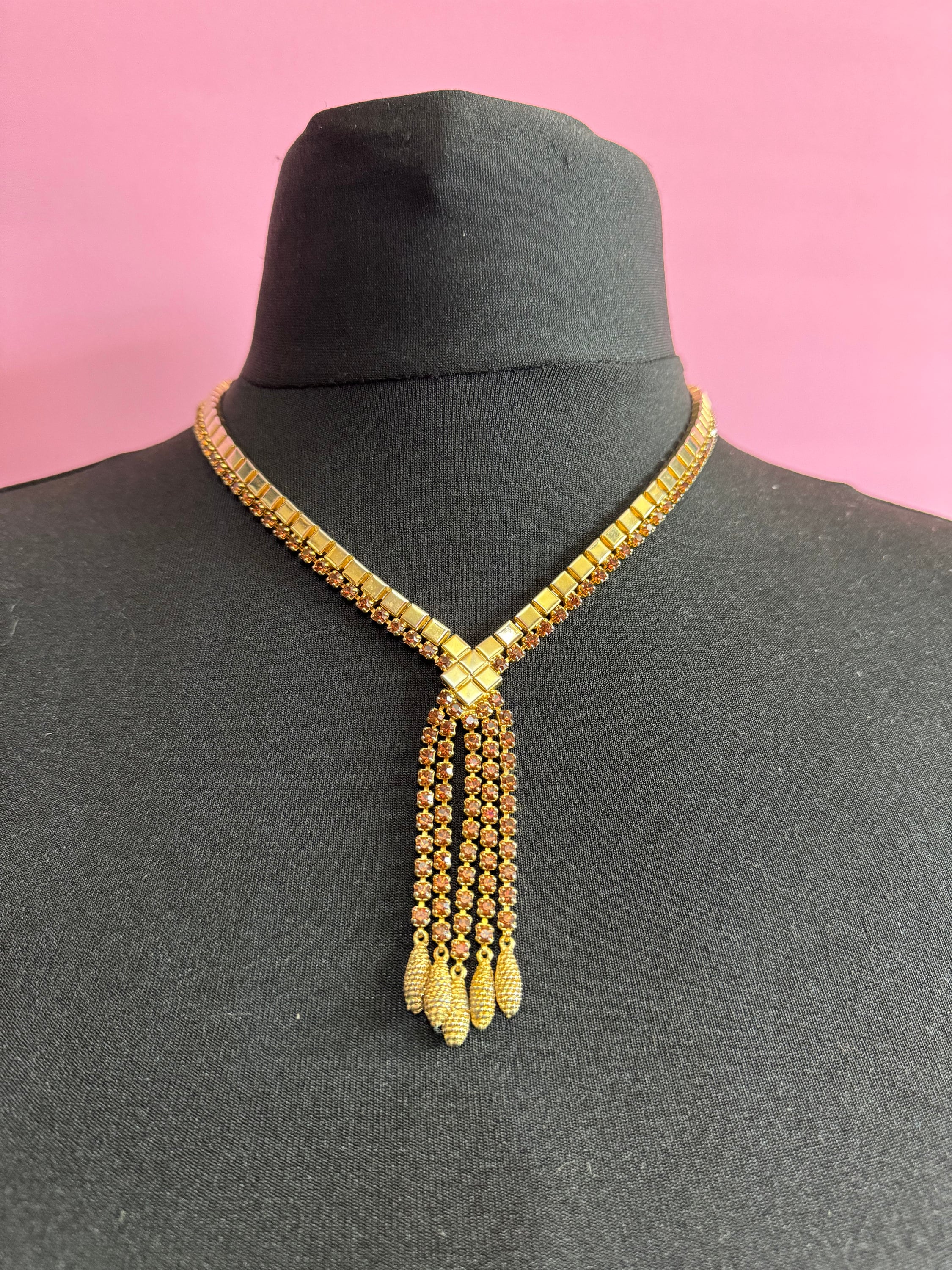 Vintage brown cognac glass diamanté rhinestone waterfall drop necklace gold tone 42-47cm