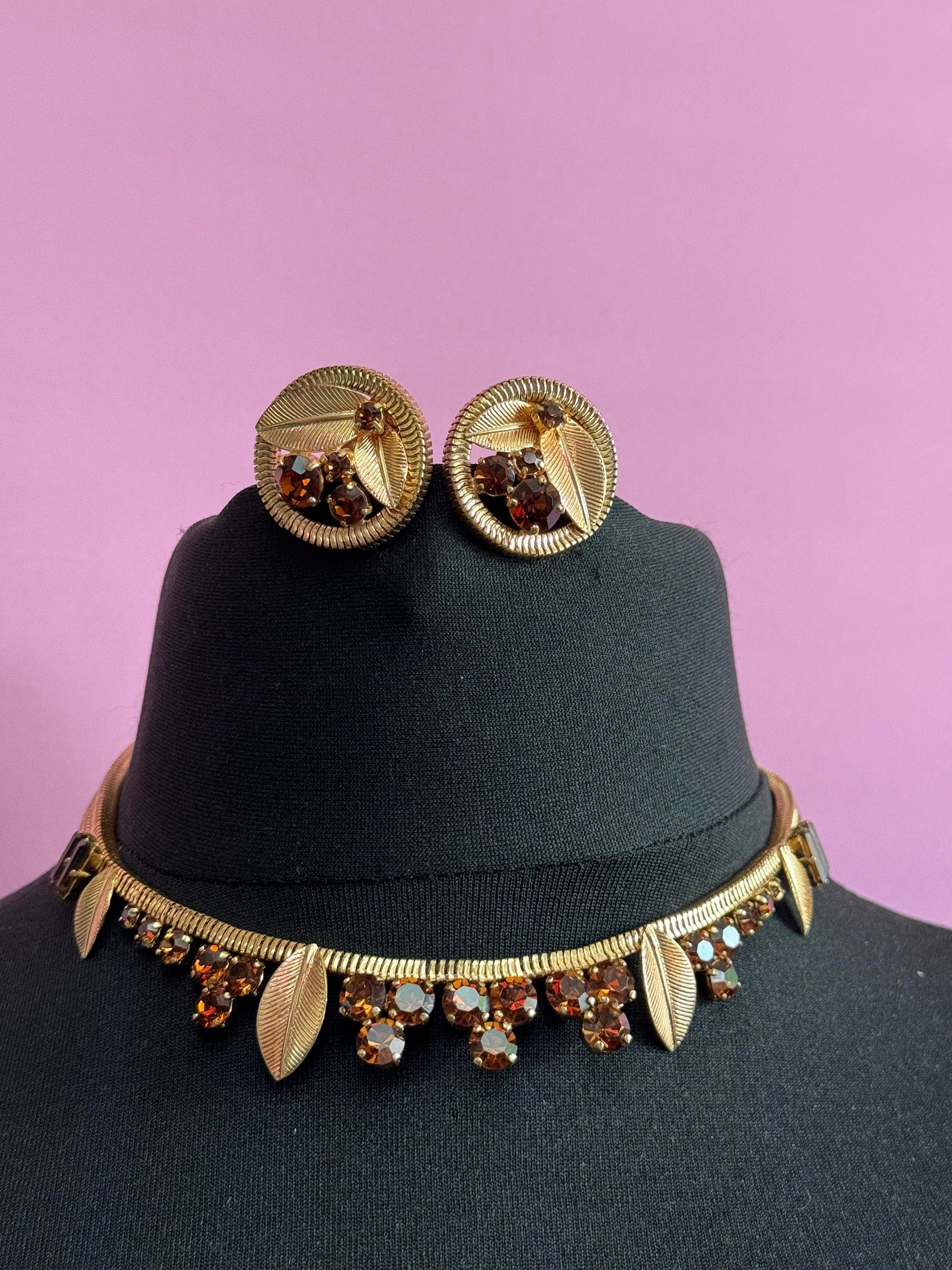 Brown cognac glass diamanté mesh necklace and clip on earring Vintage jewellery set