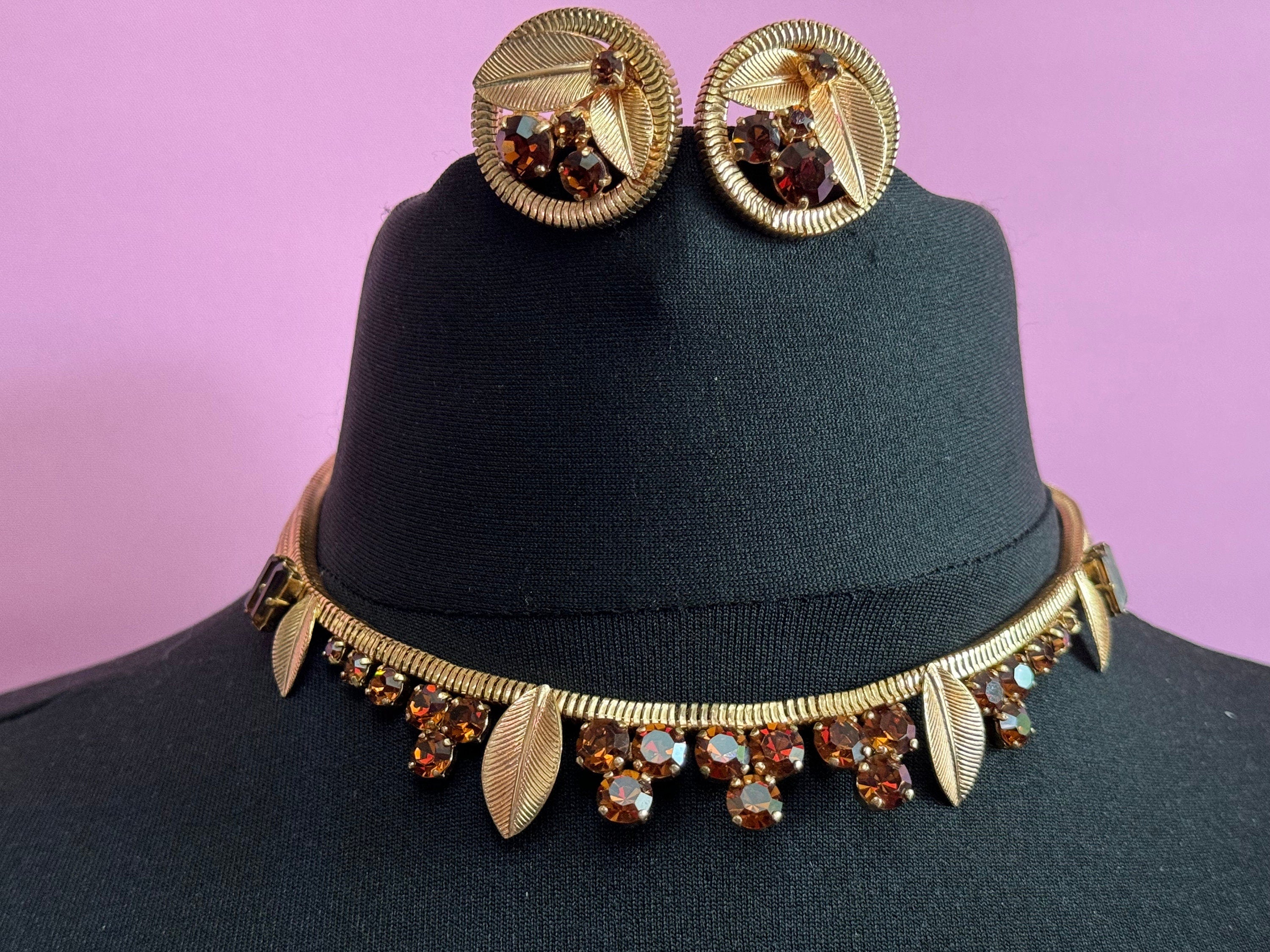 Brown cognac glass diamanté mesh necklace and clip on earring Vintage jewellery set