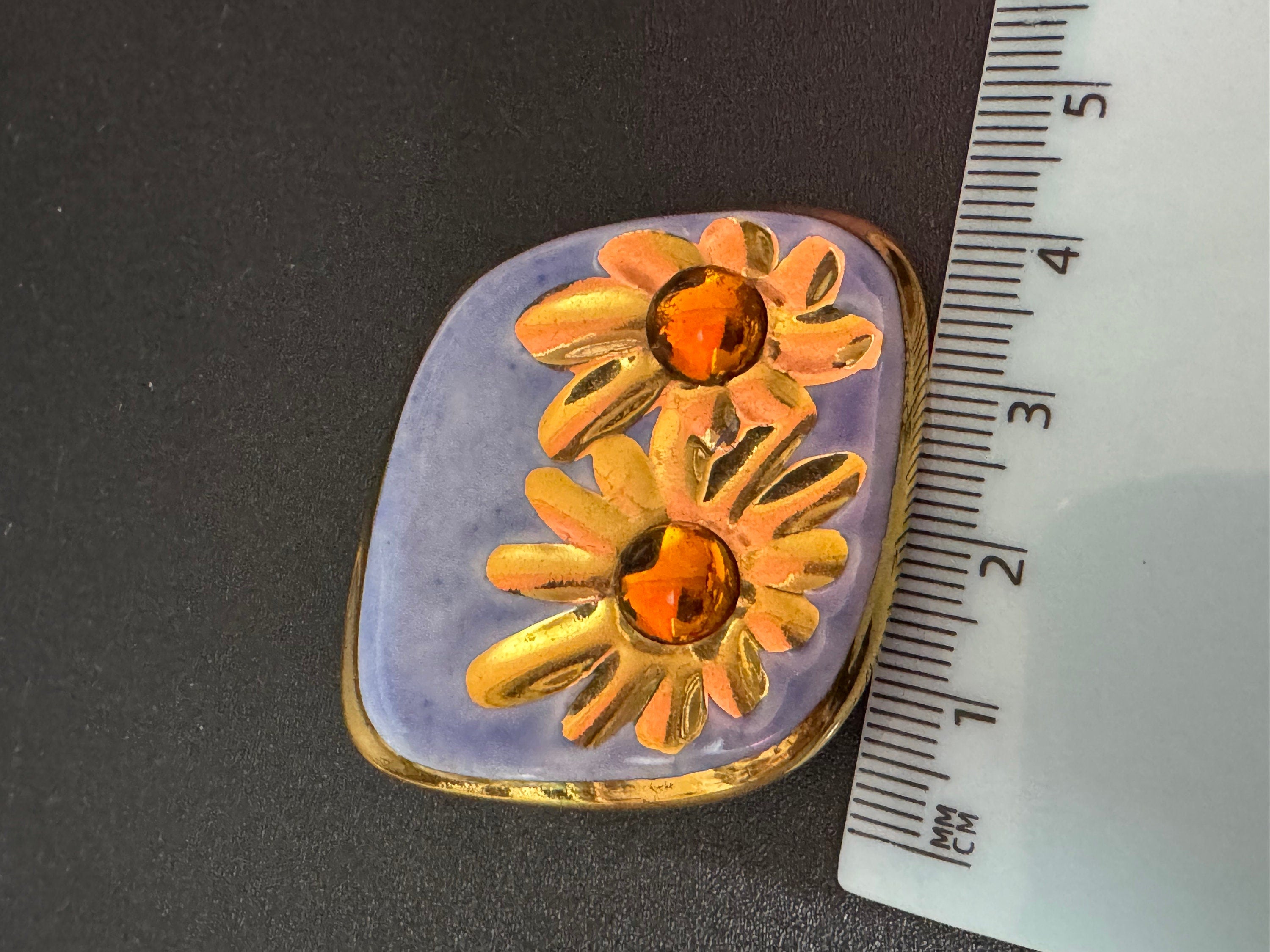 Signed channel island pottery Vintage ceramic turquoise blue orange gold large brooch